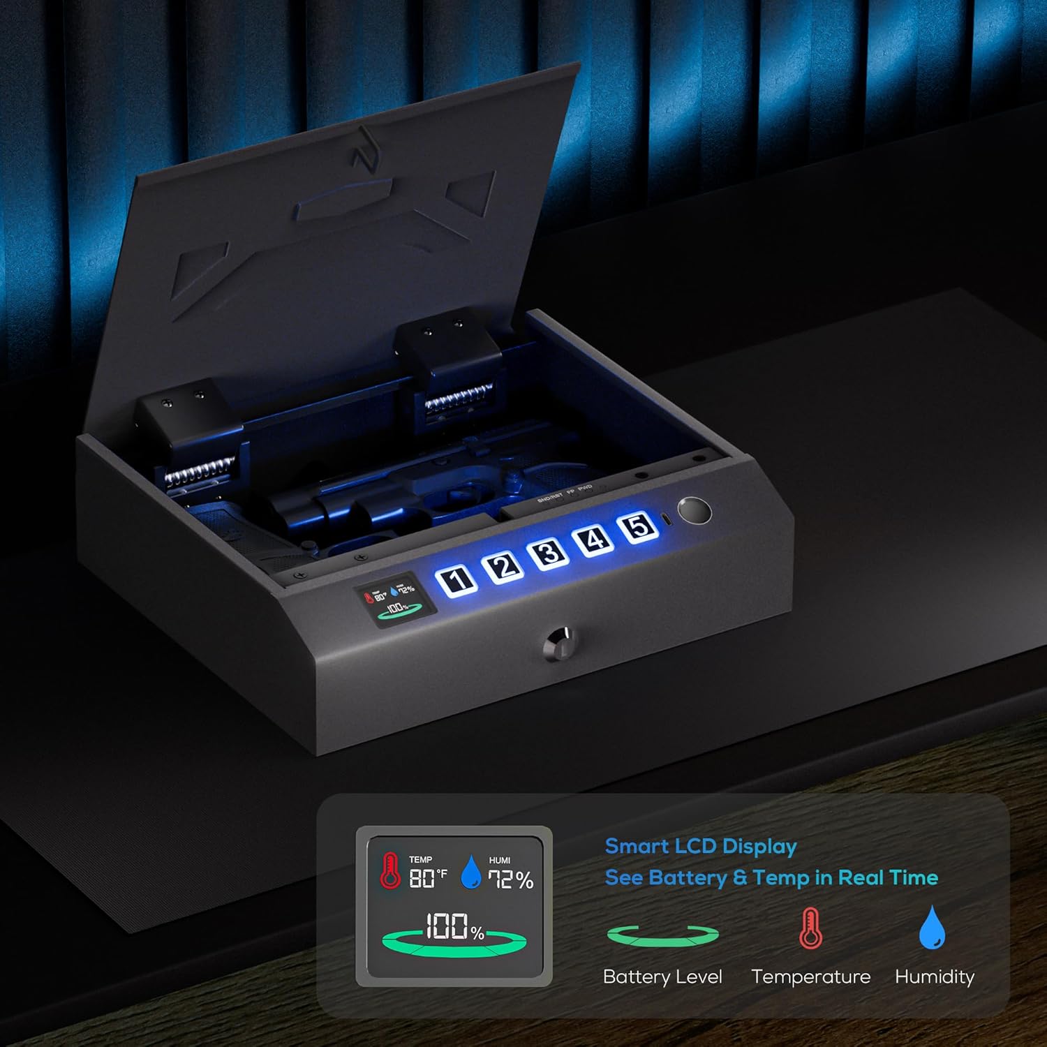 Pistol Safe with LCD Display & Anti-theft Rope, Gun Safe for Handgun, Hand Gun Lock Box 0.1s Quick Access with Fingerprint/Keypad/Keys/Type C Port,for Home Drawer,Bedside,Nightstand,Car