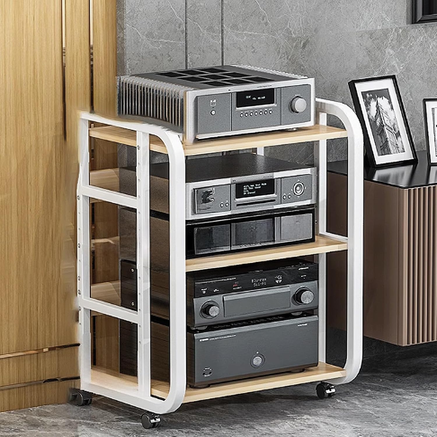 AV Media Stand, Rack Audio Tower, Cube Storage Organizer Shelf, Audio Rack Tower Heavy Duty with Universal Wheels 2 Sizes 3 Colors(Natural+White,3 Layer)