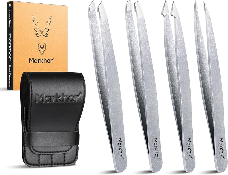 Pinças Markhor Sparkle Silver para sobrancelhas, conjunto com 4 unidades e estojo
