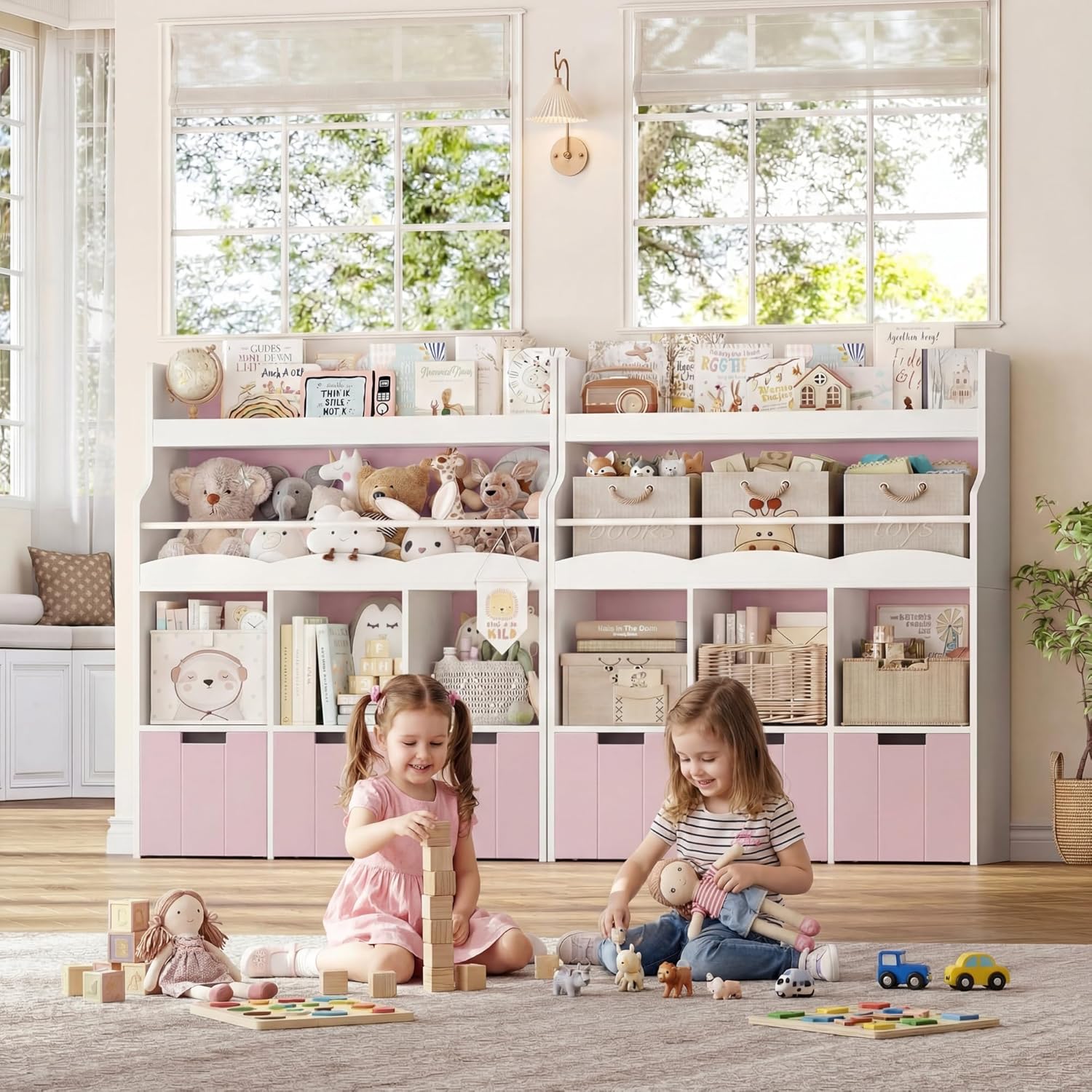 HITHOS Kids Toy Storage Organizer with Bookshelf, Multifunctional Book Shelf with 3 Movable Toy Organizers for Kids Room, Kids Bookcase and Toy Box, Toy Storage Chest for Playroom, Pink