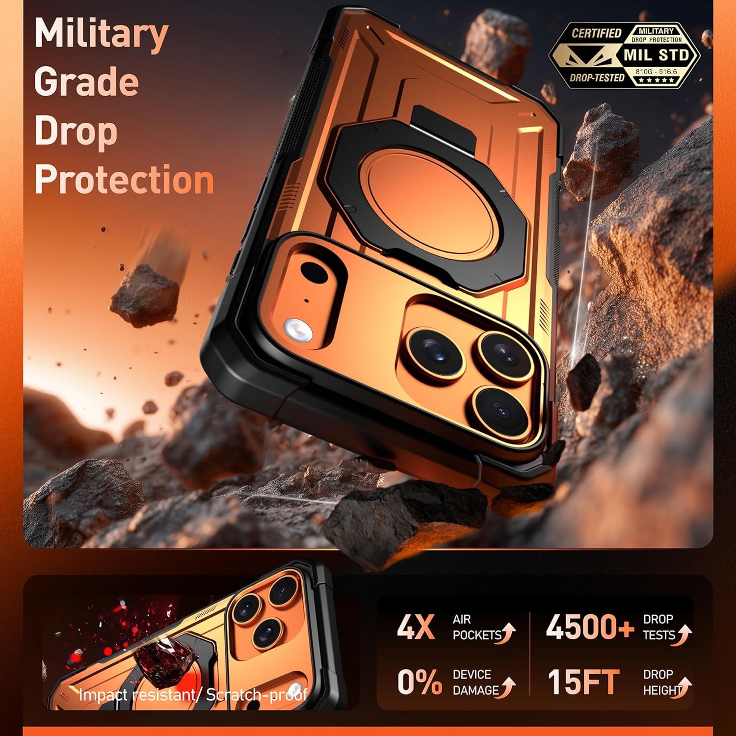 Poetic Spartan Case with Ring Stand for iPhone 17 Pro Max, [Camera Control Button][Magsafe Compatible], Full Body Rugged Shockproof Protective Cover Case, Metallic Orange