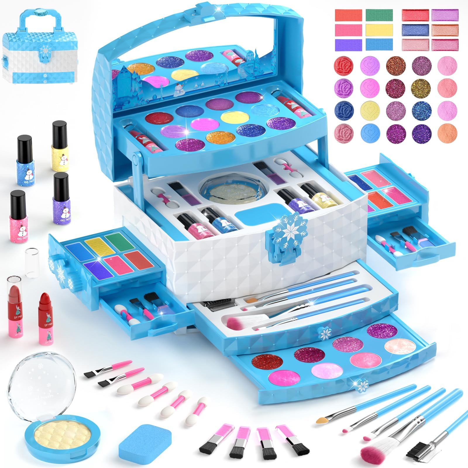 Kids Makeup Set for Girl 56 Pcs Washable Real Cosmetic, Non-Toxic Frozen Toys Toddler Makeup Kit, Frozen Princess Dress up Kit Christmas & Birthday Girl Gift for 3-12 (Frozen Blue)