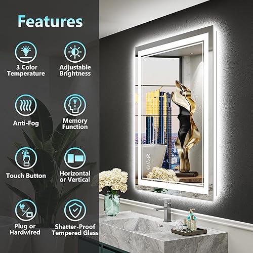 Miniatura 2 de Espejo de baño LED de 20 x 28 pulgadas con luces, retroiluminado y frontal iluminado, espejo de tocador con luz antiniebla para pared de baño, 3