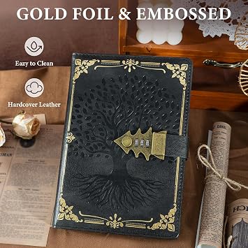 WEMATE Tagebuch mit Schloss und Geschenkbox A5 260 Seiten nachfüllbar Hardcover Passwort Notizbuch Vintage Lock Journal Mädchen Männer Studenten 218 x 147 cm (Schwarz)