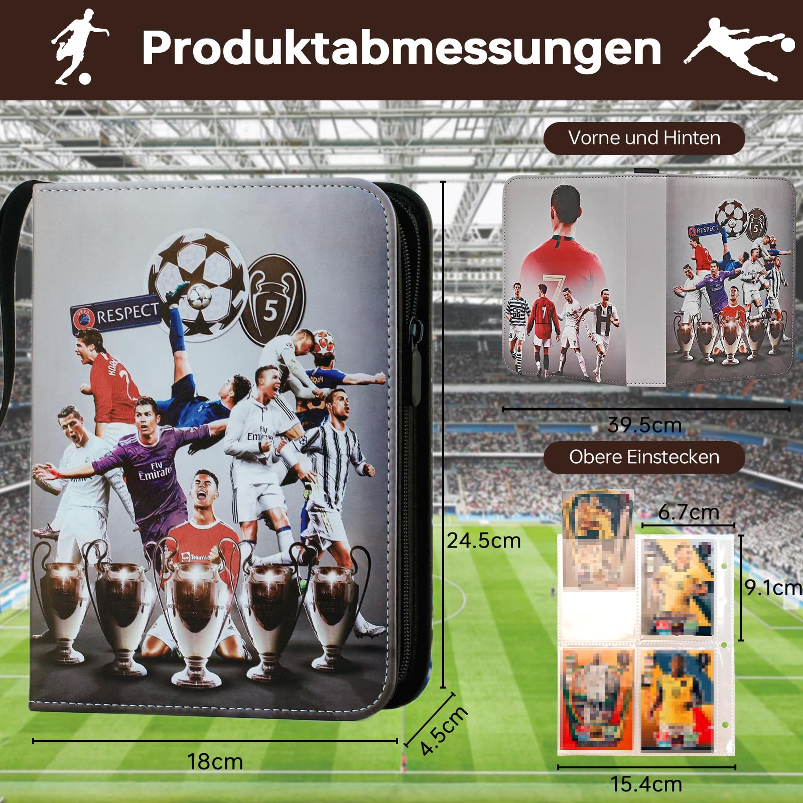 Oirigaga Album de collection pour cartes de football, 4 pochettes, peut contenir 400 cartes, porte-cartes de sport, avec fermeture éclair et 50 pages amovibles, 3 anneaux