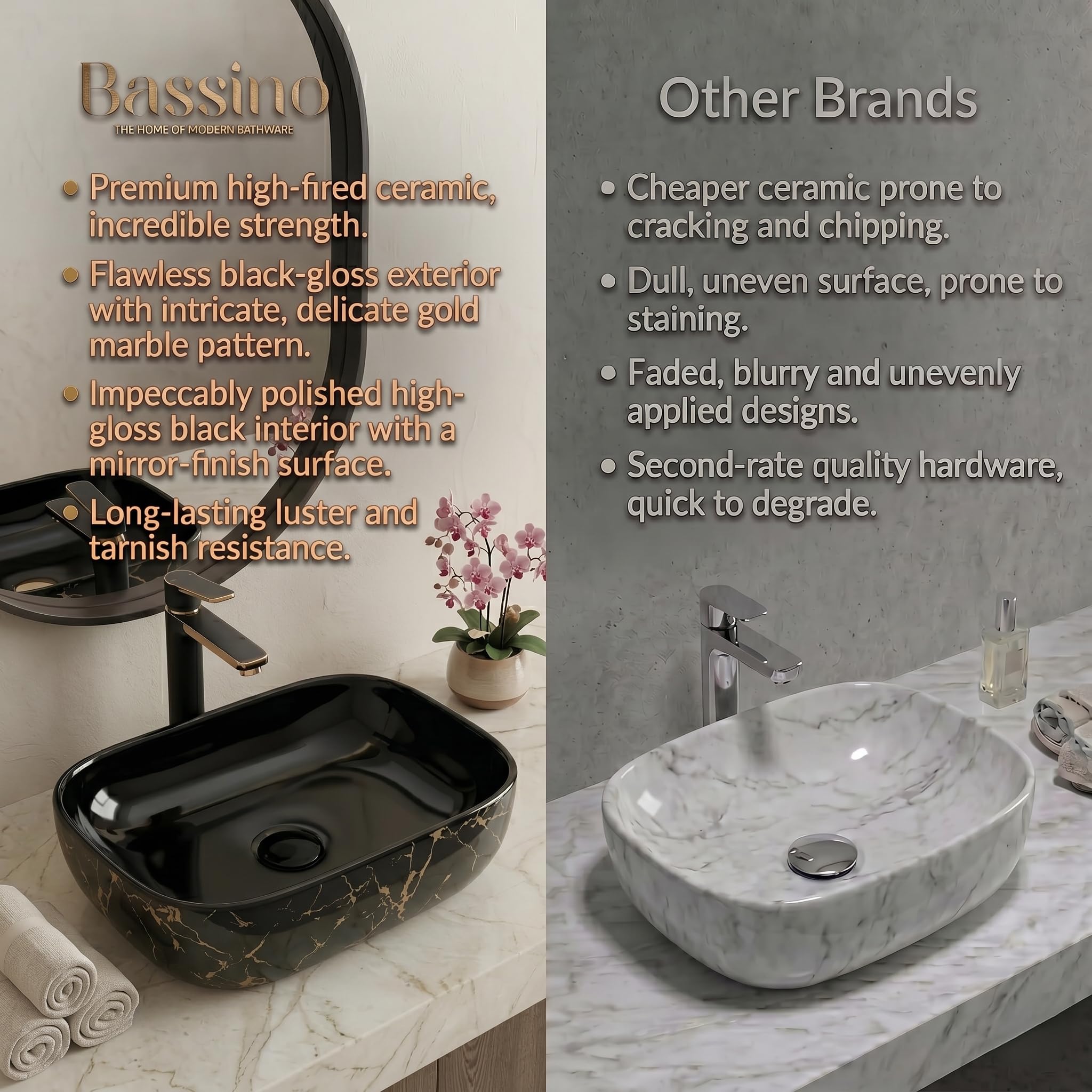 BASSINO 18x13x5.5 Inches Table Top Washbasin/10 Years Warranty/Ceramic Wash Basin for Bathroom/Rectangule Counter Top Wash Basin for Restaurant/Dining Hall/Living Room(Glossy Black-Golden Marble) 4