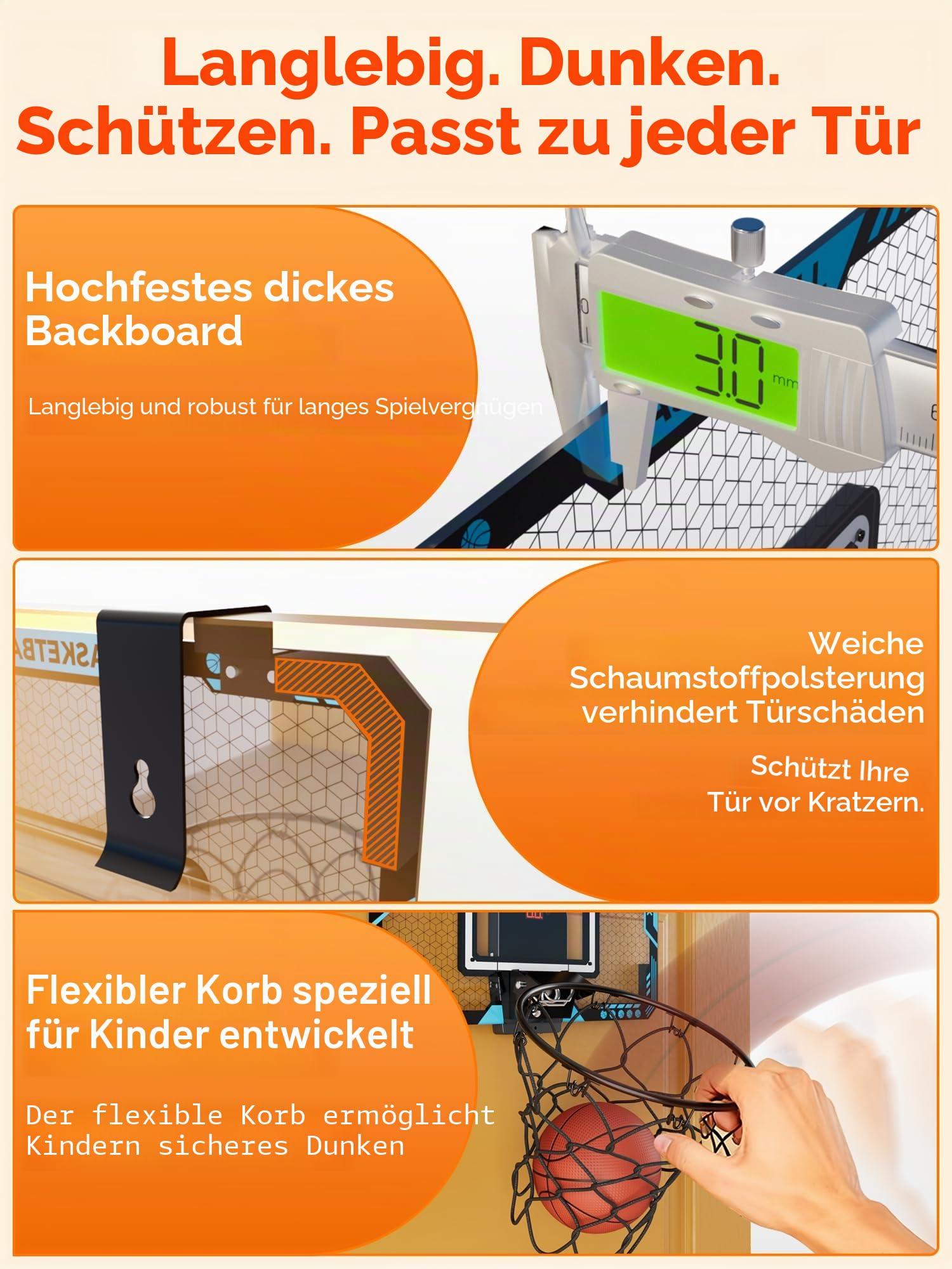 BATURU Mini Basketballkorb Indoor mit LED Anzeige & Sound, 3 Bälle + Pumpe, Geschenk Junge 5-12 Jahre