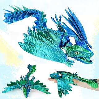 3D Printed Dragon With Wings - Feathered Wyvern, Full Articulated Crystal Flying, Realistic Large Pet, Flexible Shoulder Dragon Stuff - 3D Printed Animals Toy (Blue Green)