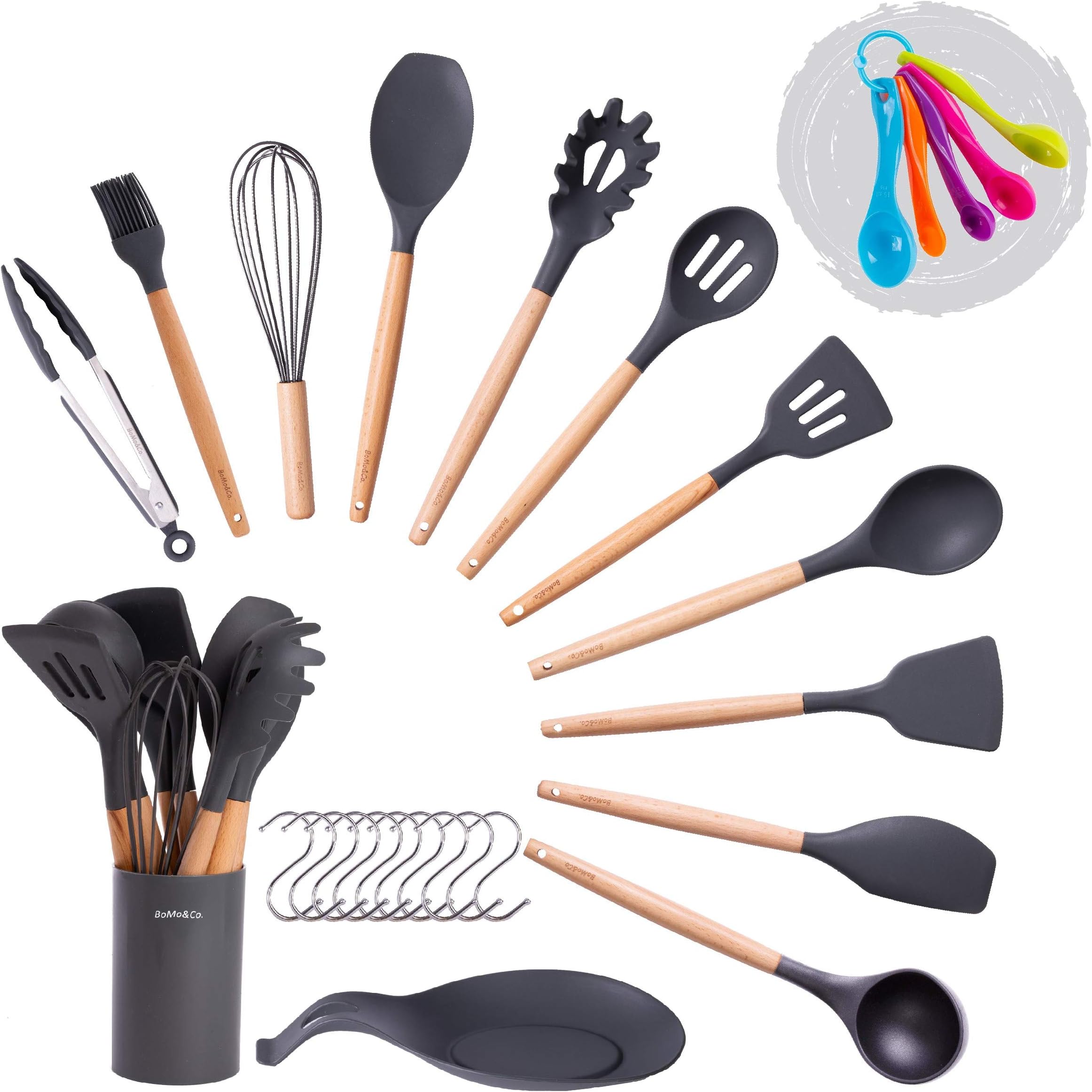 Cooking Utensils Set, Kitchen Utensils Set, Including Measuring Spoon Set, Placing mat, Utensil Holder, Silicone Kitchen Utensil Set (Night Grey)