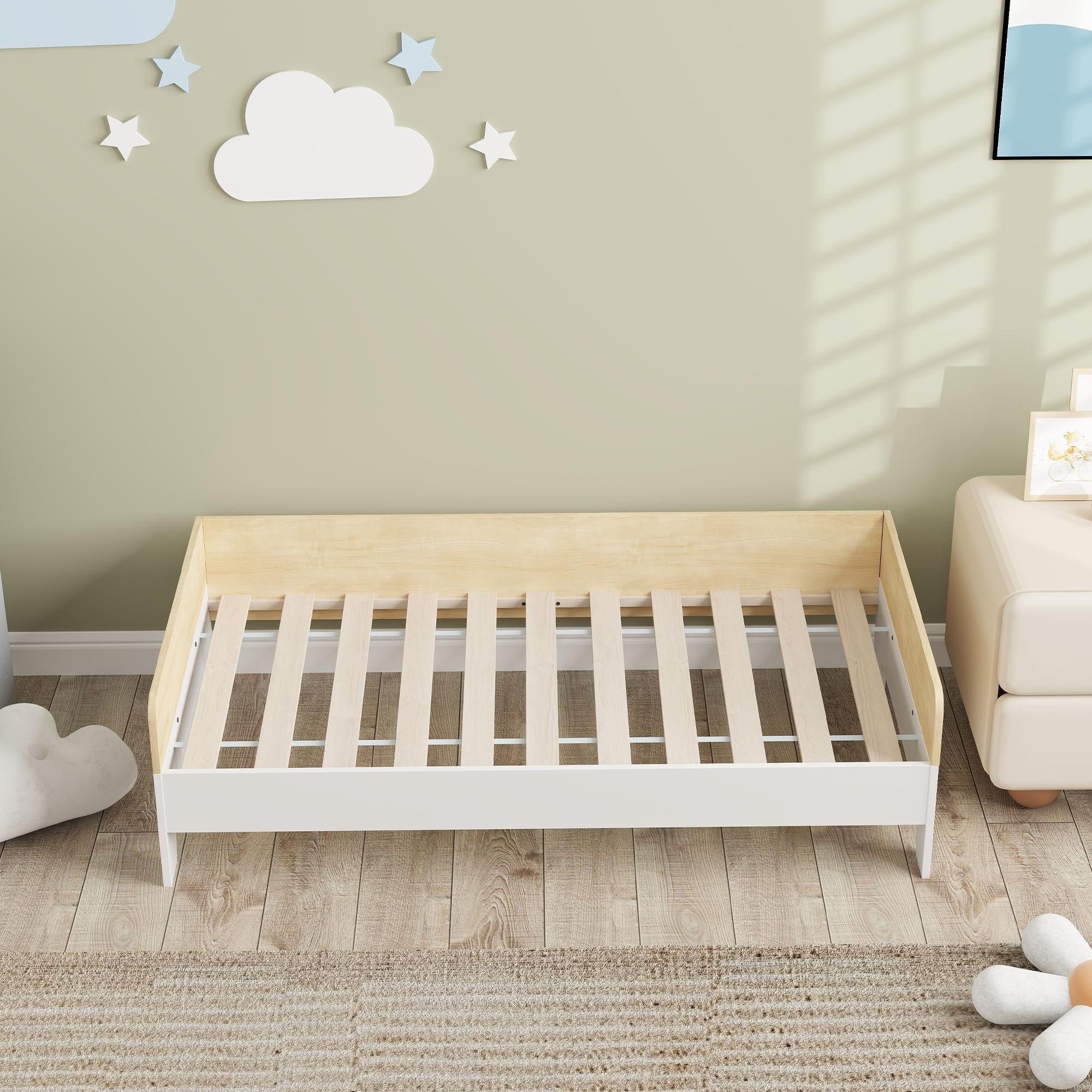 AIYAPLAY Lit Enfant Sommier à Lattes Conception Basse 143,5 x 74 cm Blanc | Panneaux Latéraux Élevés, Meubles de Chambre d'Enfant, Bois