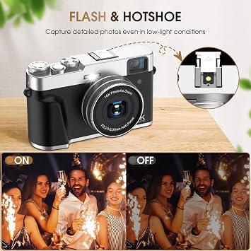 Upgraded 4K Digital Camera with SD Card Autofocus,48MP Point and Shoot Camera with Flash Viewfinder & Dial,Vlogging Camera Anti-Shake,16X Zoom Portable Travel Camera,2 Batteries | フラッシュファインダー&ダイヤル付きポイントアンドシュートカメラ、Vlogカメラ手ブレ防止、16倍ズームポータブルトラベルカメラ、バッテリー2個。