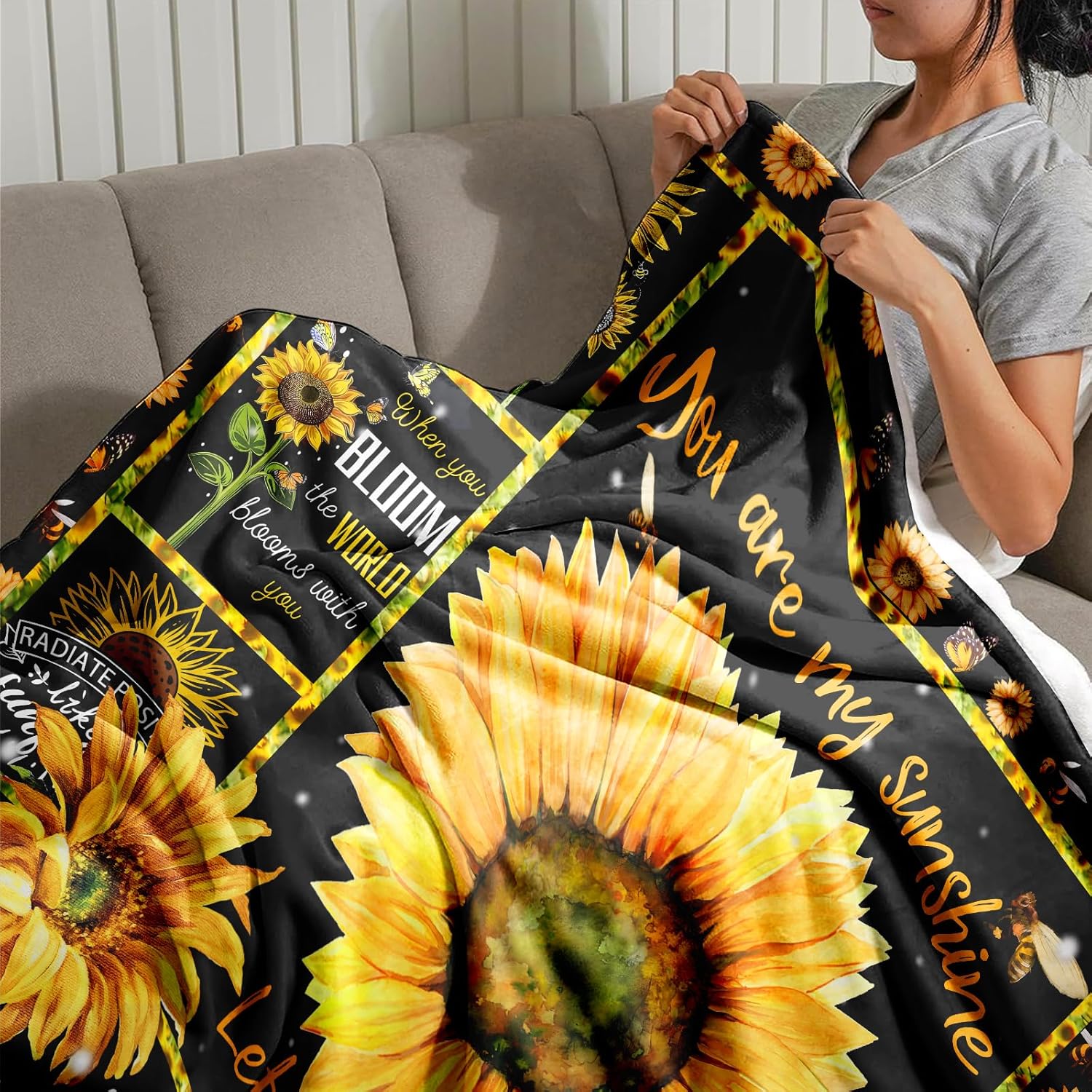 Sunflower Throw Blanket Gift for Women, Inspirational Quote Floral Decor for Living Room Bedroom, Cozy Soft Lightweight Couch Bed Sofa Accent, Yellow Home Decor, 50'' x 60'' - Image 2