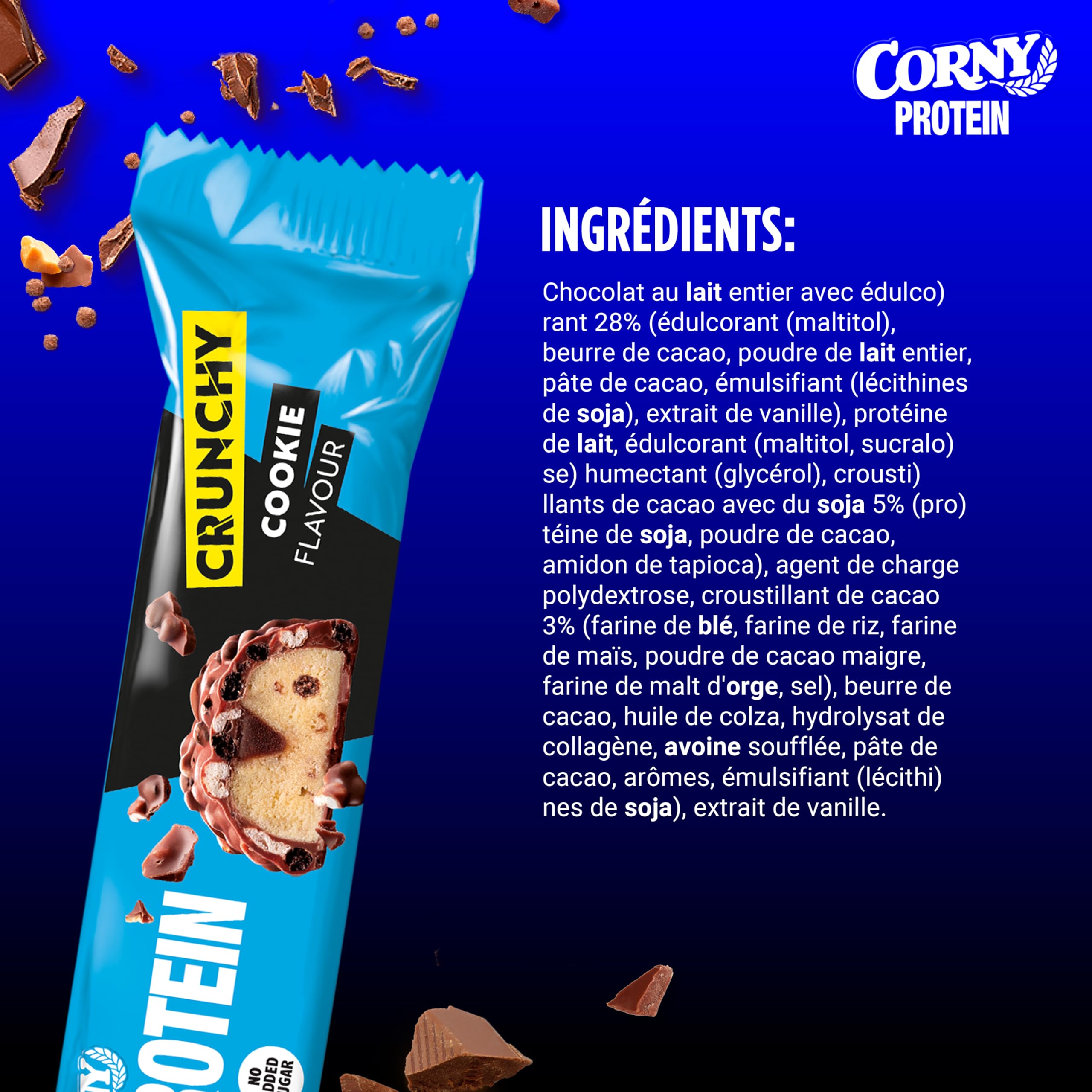 Corny Protein Barres Chocolat Biscuit, 0% Sucres, 13,5g Protéines, 12x45g