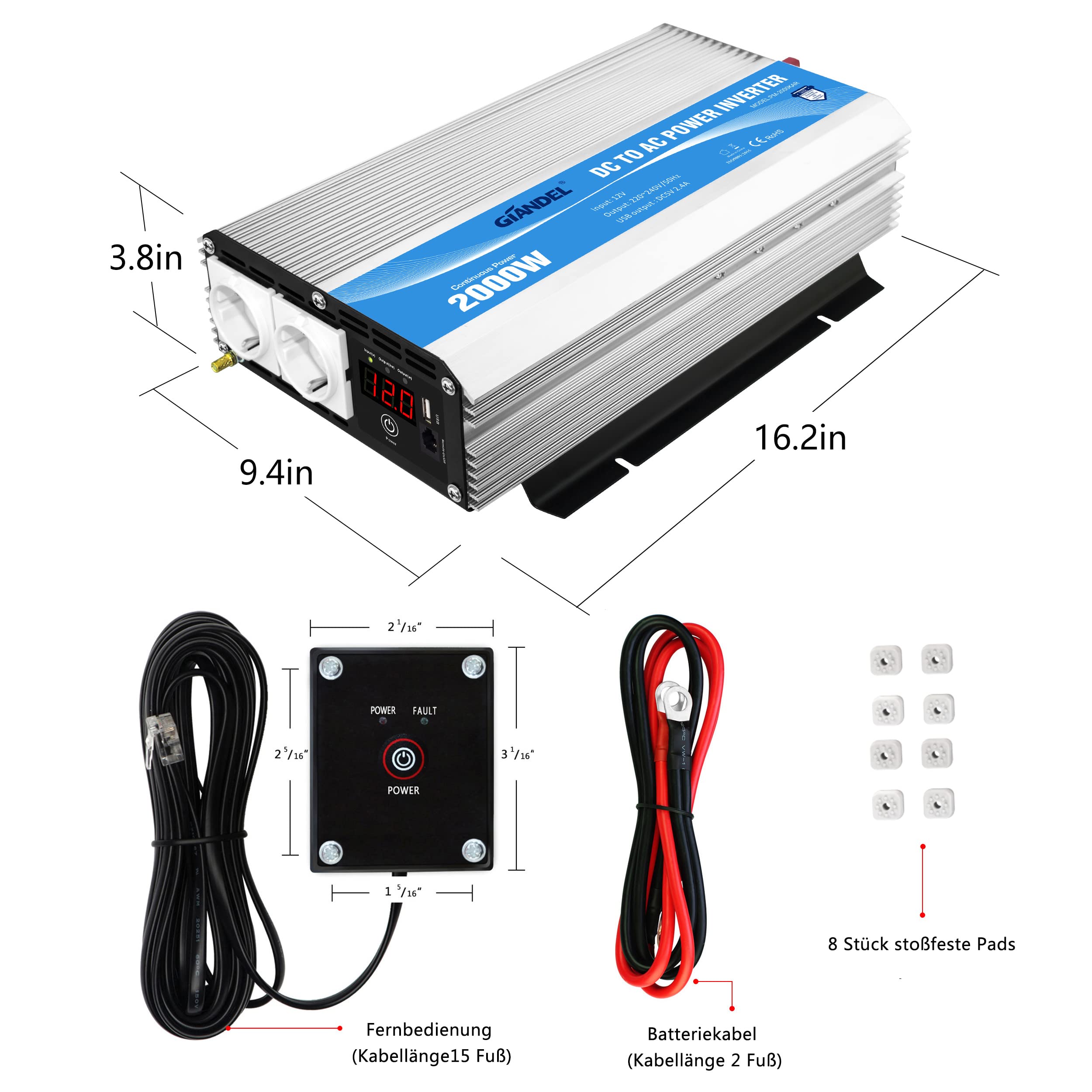 GIANDEL 2000W Modifizierter Welle Wechselrichter 12V auf 230V Spannungswandler Kompatibel Lithium-Batterie, mit Fernbedienung LED-Anzeige USB für Wohnmobil Umwandler-Inverter Konverter
