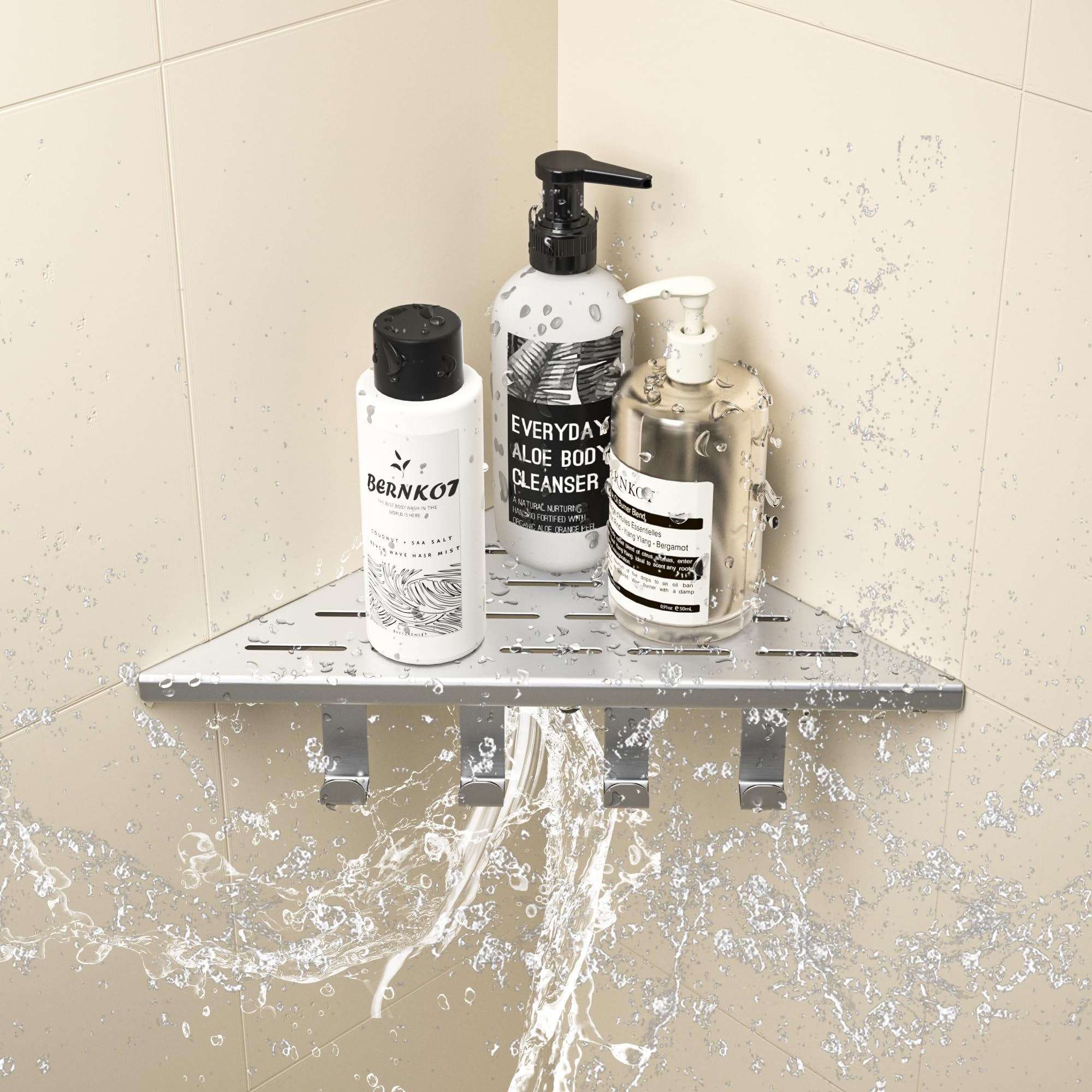 Eck-Duschregal aus 304 Edelstahl mit 4 verschiebbaren Haken | Upgrade 25,4 cm Eckregal Dusche, Duschablage Ecke für Badrenovierung & Umbau, passend für geflieste Wände, gebürstet