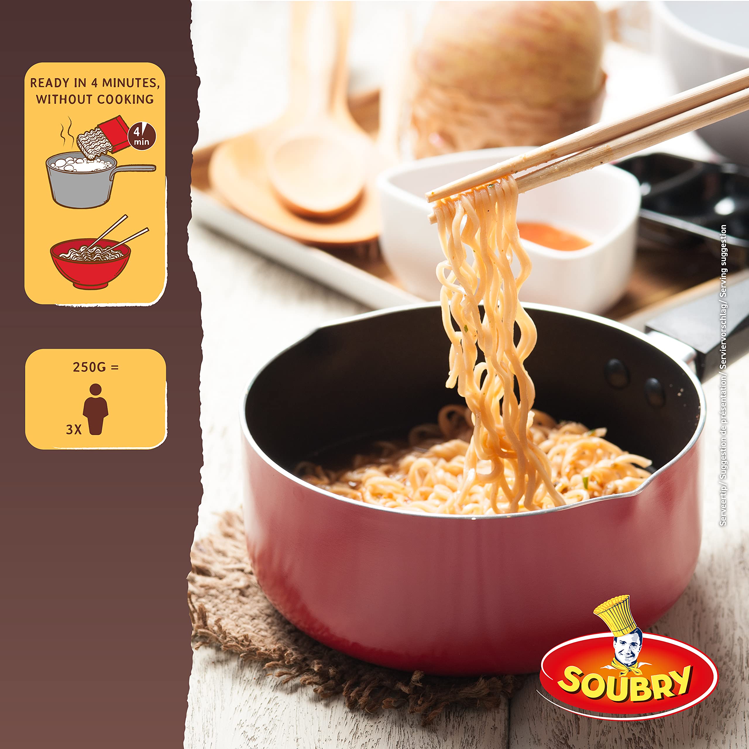 SOUBRY Asia Nudeln - instant Mie Nudeln nach chinesischer Manier für eine Zubereitung in nur 4 Minuten, vegane Wok Weizennudeln, im 12er nudeln großpackung (12x250g)