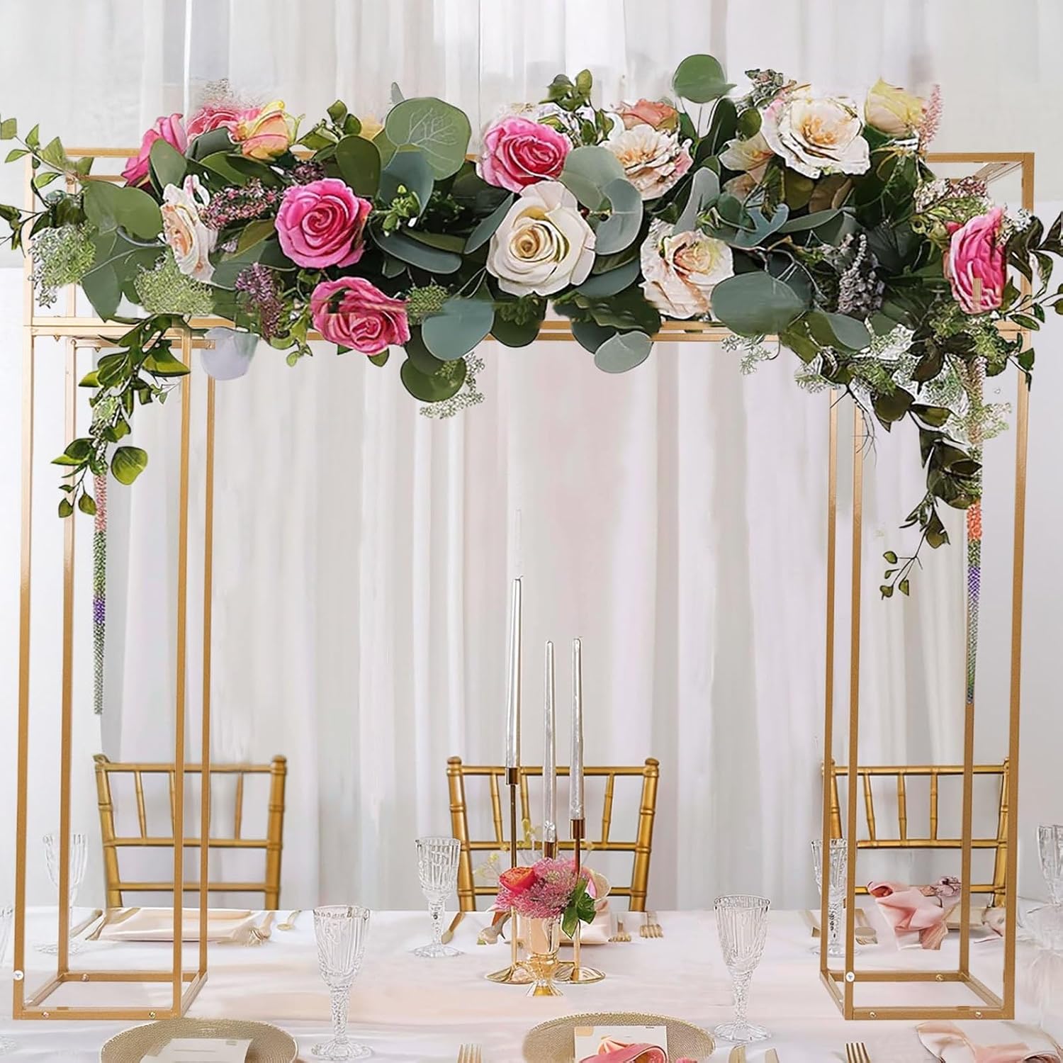 Efavormart Metal Rectangular Backdrop Stand 5ftx4ft Gold 3D Design - Wedding Arch for Balloons or Floral Arrangements