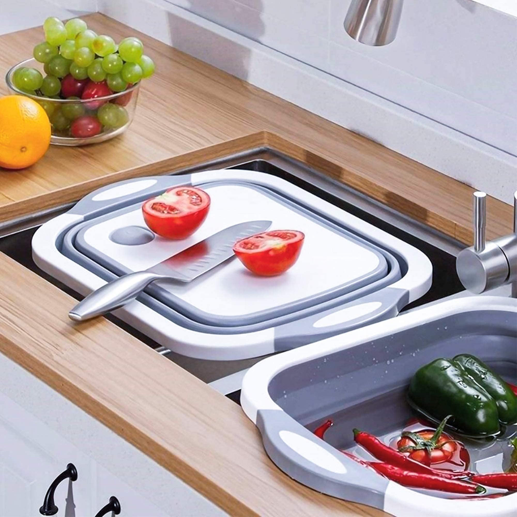 Planche à Découper Pliable 11 En 1 - Avec Trancheuses, Couteaux Et Panier égouttoir - Idéale Camping Et Cuisine
