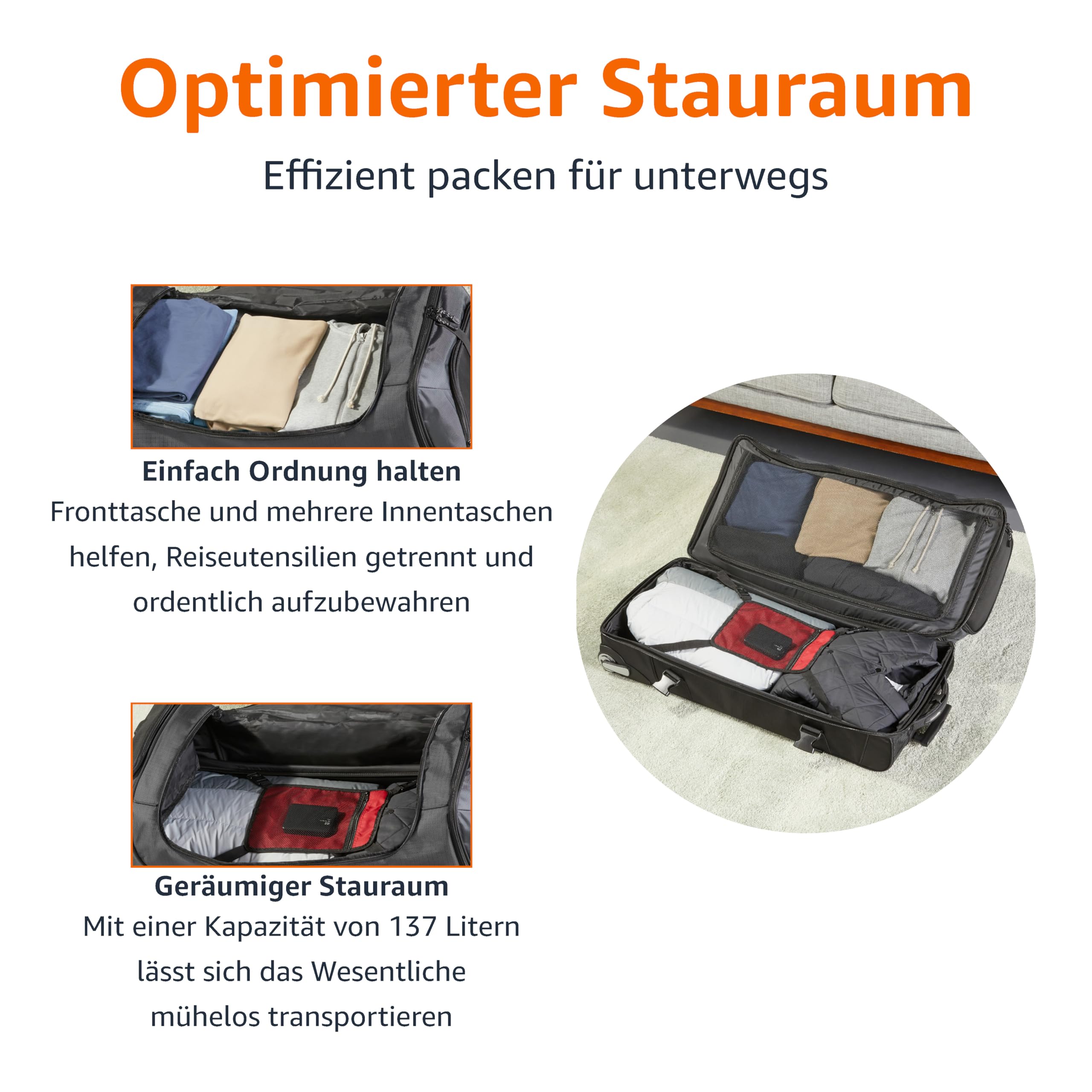 Amazon Basics Reisetasche mit Rollen, 137L, Leichter und Langlebiges Trolley aus Ripstop-Gewebe, Großes Fassungsvermögen mit Teleskopgriff, Ideal für Reisen, Arbeit und Freizeit, Schwarz