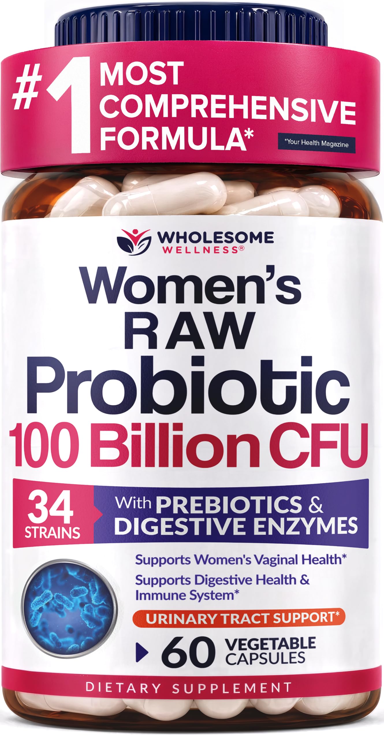 Wholesome Wellness Dr. Formulated Raw Probiotics for Women 100 Billion CFUs Capsules with Prebiotics, Probiotcs and Digestive Enzymes, Approved for Adults 60 Count (Pack of 1)