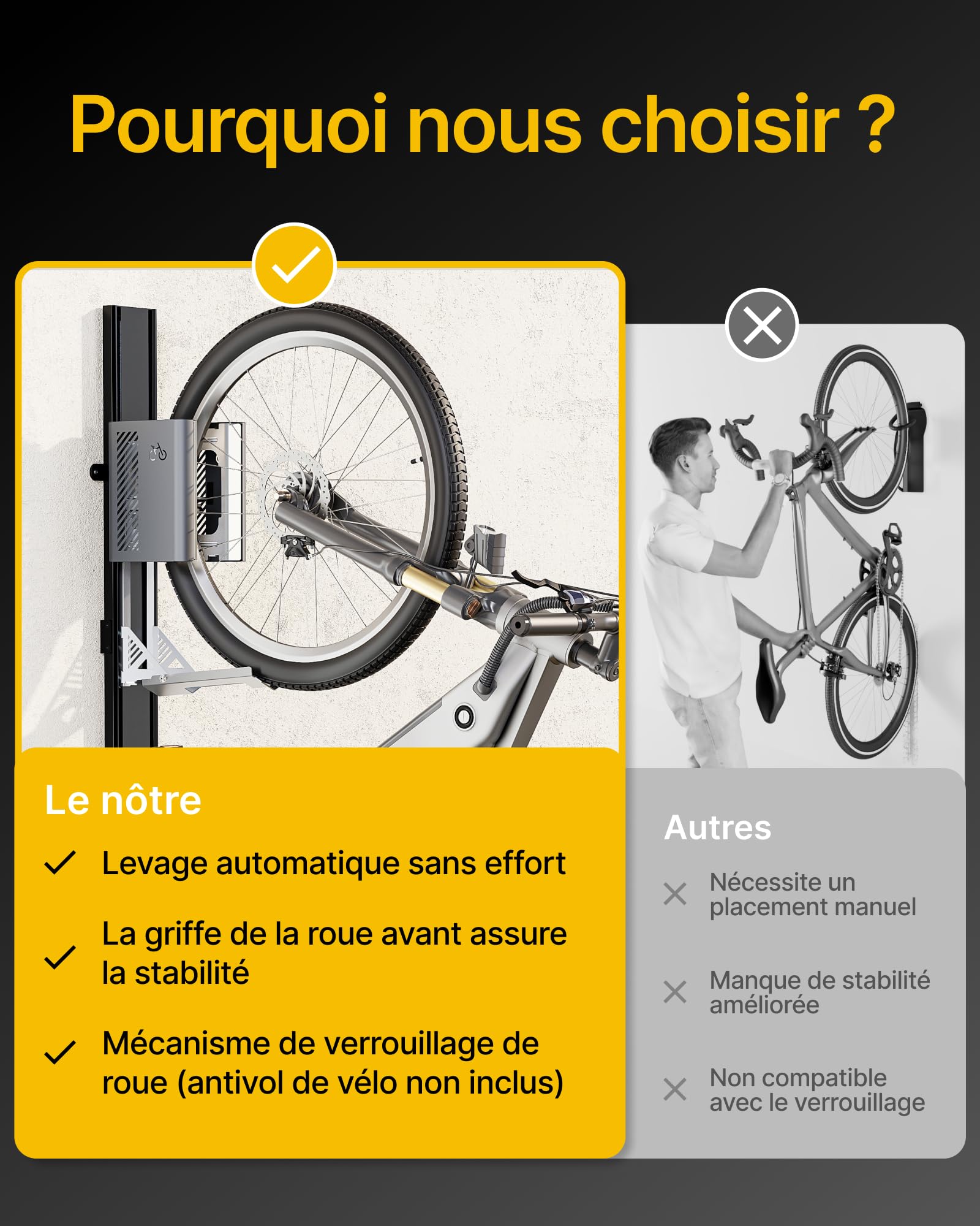 monTEK Porte Velo Automatique,Pneus 24-29",Charge Max 32Kg | Support Cintre de Vélo, Porte Mural Pour Vélo Electrique, Porte-Vélo Vertical, Levage Automatique,Élévateur de Vélo