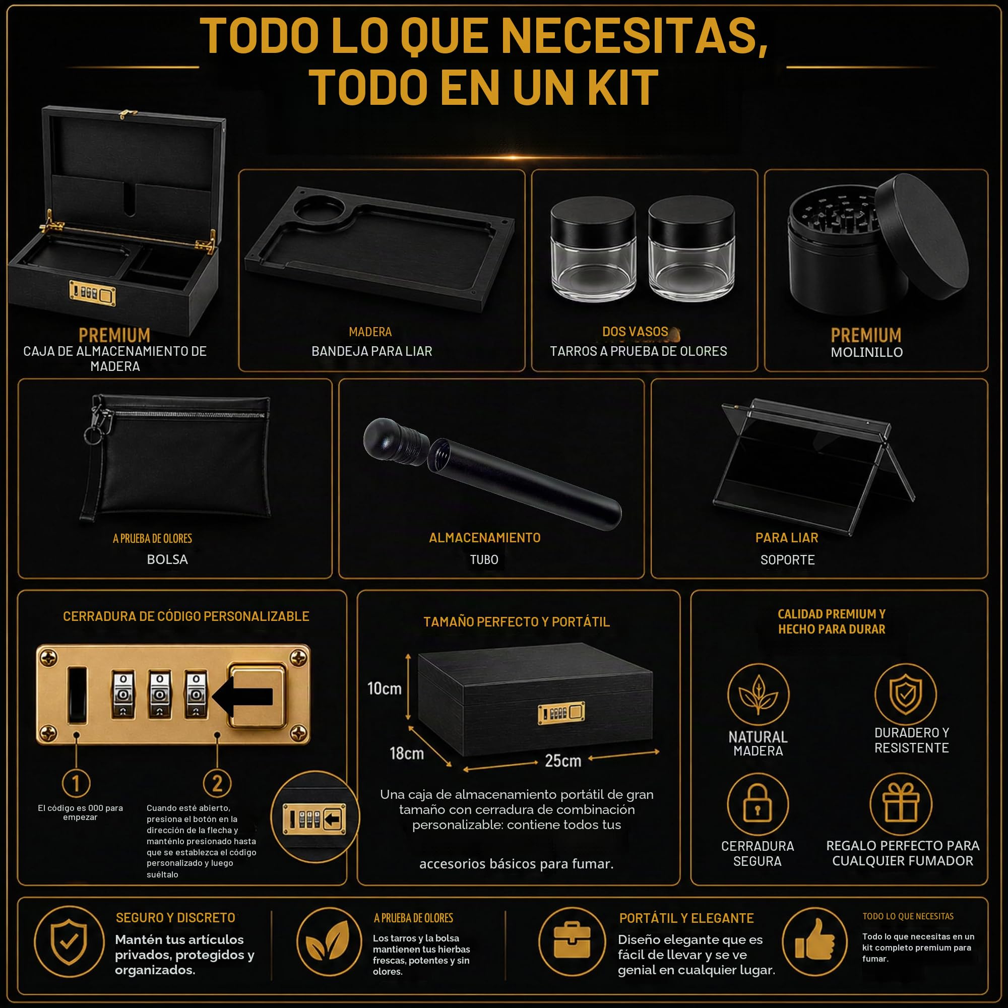 Kit de caja de madera con molinillo, bolsa a prueba de olores, bandeja rodante de madera, tubo, dos recipientes de vidrio y soporte rodante, juego completo de accesorios para fumar