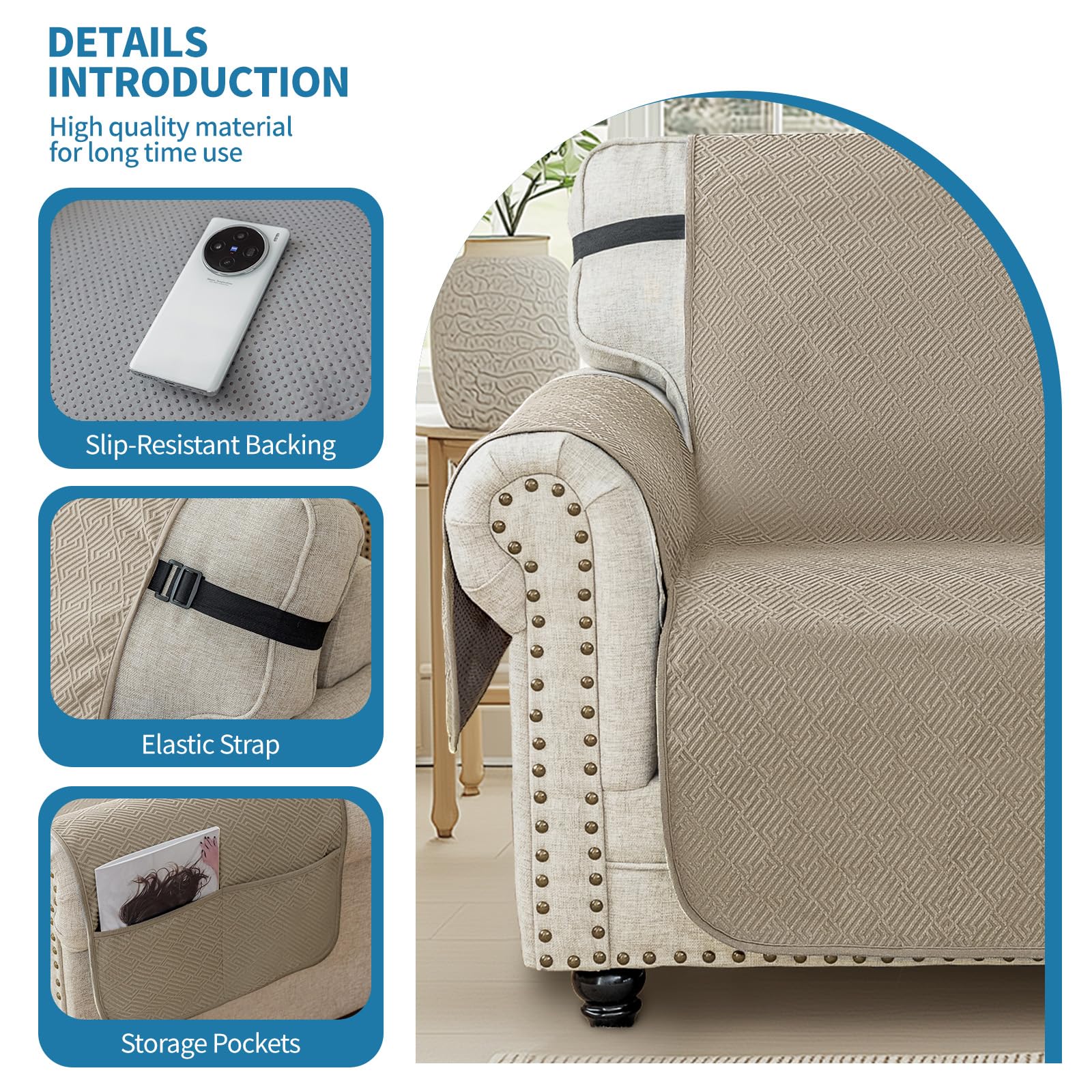 Ystyle Copridivano 2 Posto Con Braccioli, Sofa Cover Antigraffio Gatto Cani, Copertura Divano Universale, Copridivani Natalizio Mobili Protector, Salvadivano Antiscivolo Antimacchia, Cachi