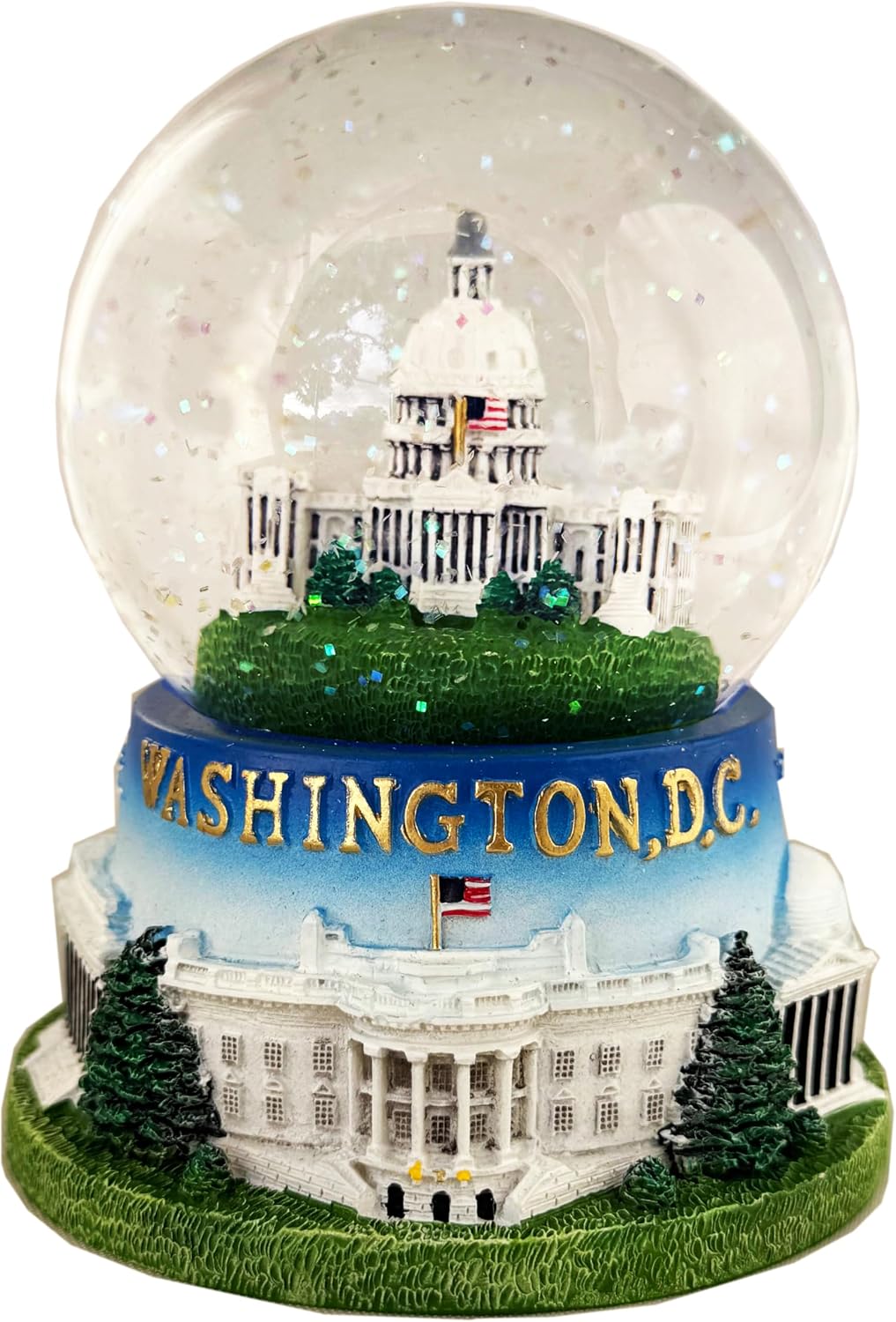 U.S. Capitol Building Snow Globe – Washington DC Landmarks base with White House, Lincoln & Jefferson Memorials, Washington Monument, and War Memorials – Large.