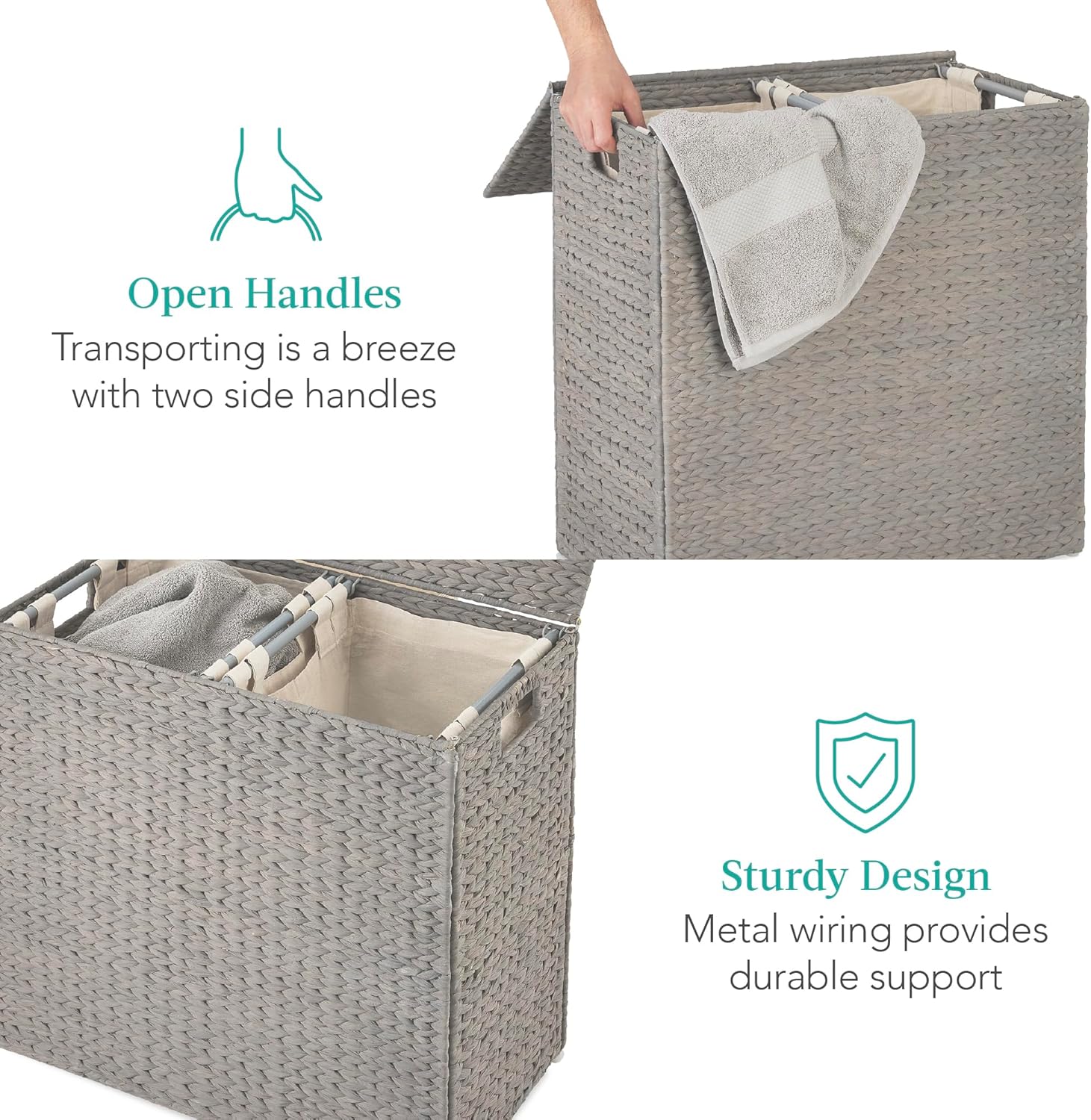 Large Gray Handwoven Water Hyacinth Double Laundry Hamper with Lid