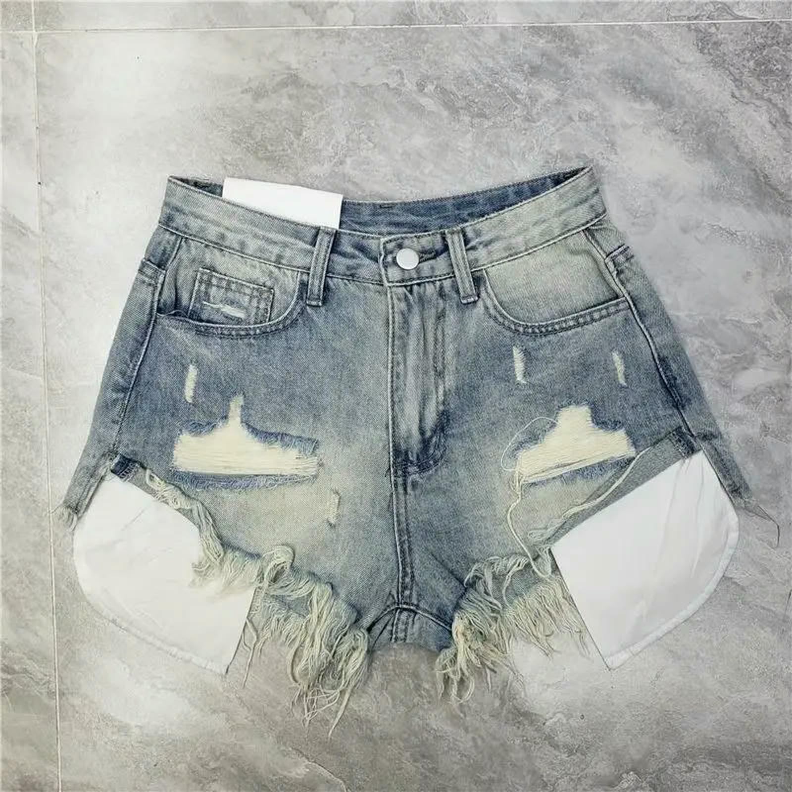 Shorts Jeans Donna Pantaloncini di Strappati con Nappe Estive Y2k A Vita Alta Forma da Rosa Blu-Rosa-s
