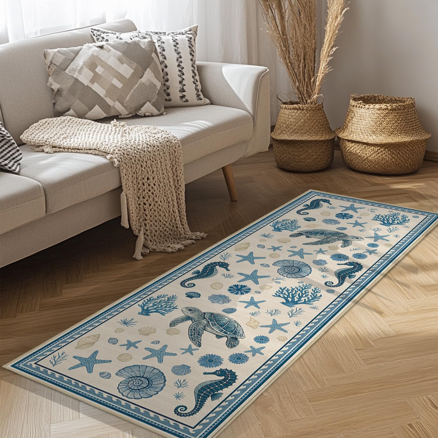 Coastal Nautical 2x6 Runner Rug for Hallway Kitchen Bedroom Sea Turtle Starfish Seashell Ocean Rug Machine Washable Non Slip Low Pile Runner Rugs Long Floor Mat Carpet for Bathroom Laundry,Blue