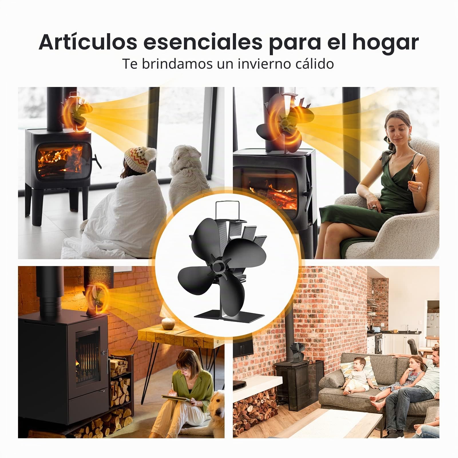 Ventilador de estufa sin electricidad, silencioso, ventilador de chimenea con 4 hojas, para madera/leña/hoguera/tubo de estufa