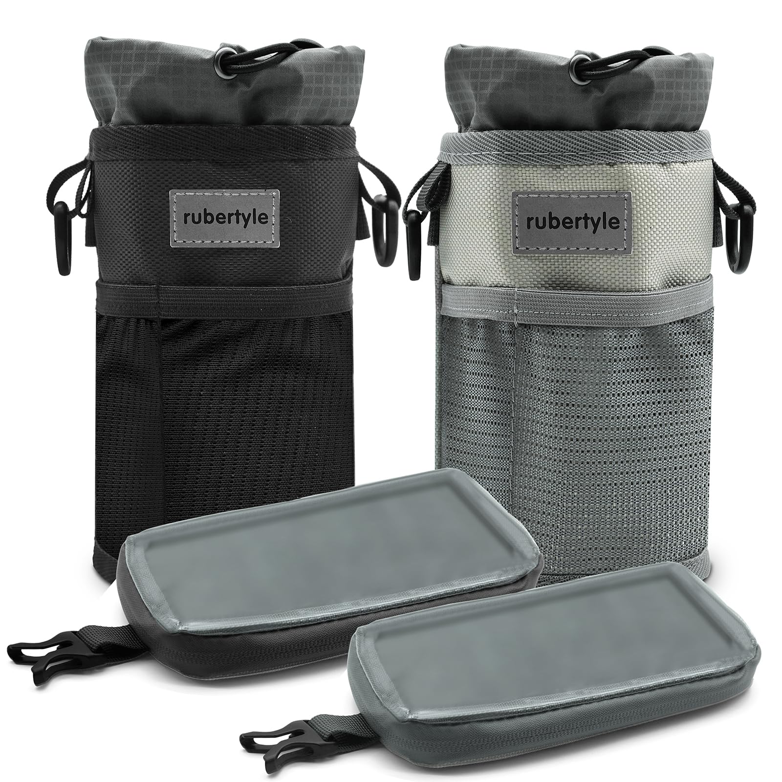 rubertyle Bike Bottle Holder | Fits Segway, Buggy, Boat, Scooter, Wheelchair | No-Screw Installation | Carry Big Bottles Diameter 3.6in/9cm | Mesh Pockets | Shoulder Strap and Phone Storage Bag