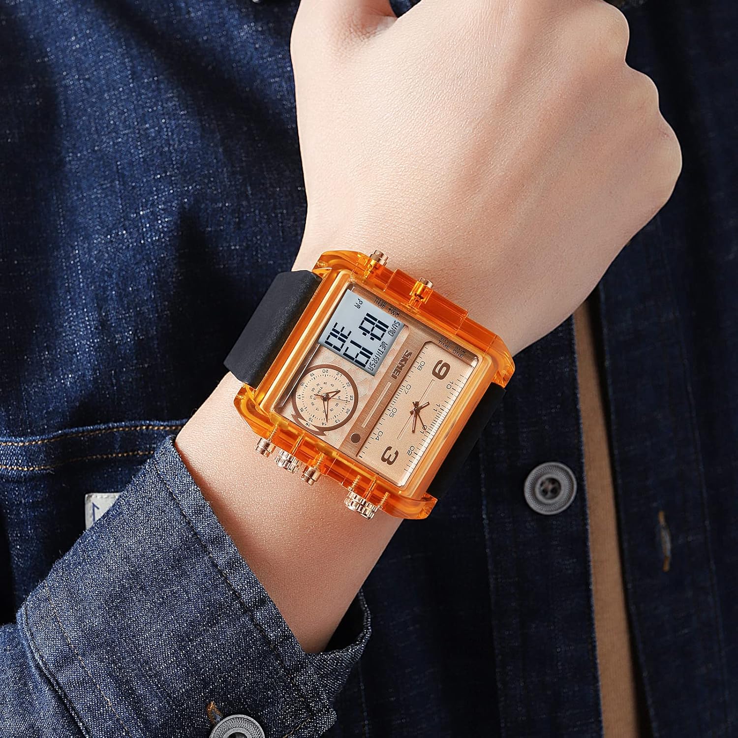 SKMEI Men's Square Watch, LED Backlight Large Screen MultiTime Zone