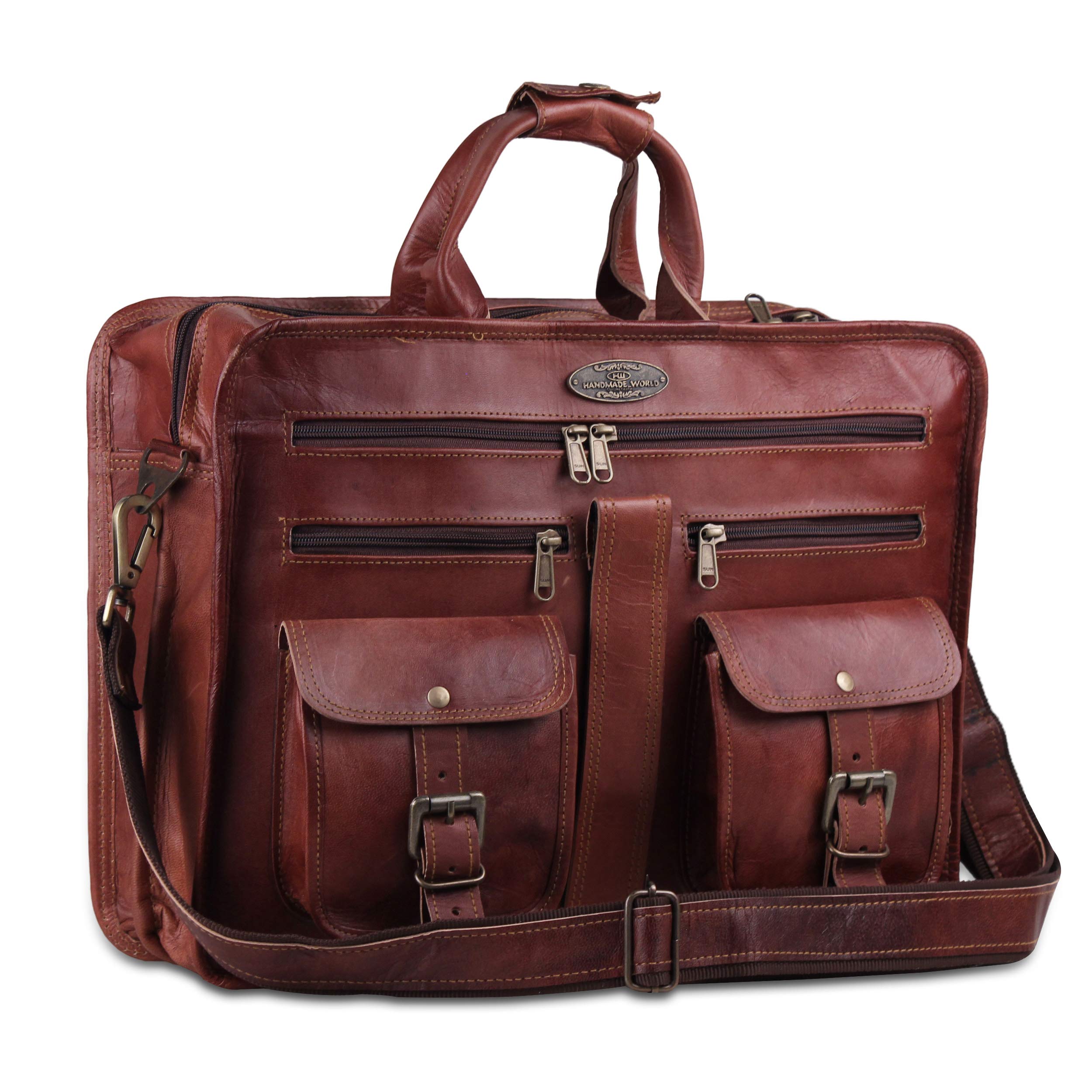 Handmade World Leather Messenger Bag - 16 Inch Briefcase Messenger Bag Brown Leather with Crossbody 