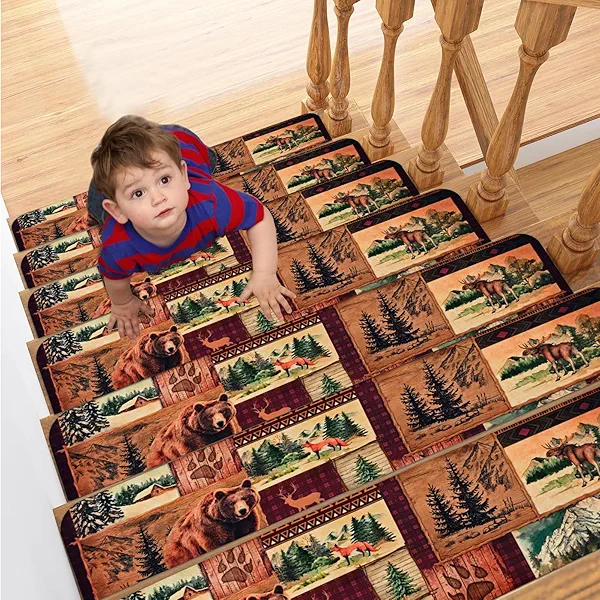 ASPMIZ 4 Pcs Rustic Stair Treads Non Slip, Buffalo Plaid Lodge Bear Moose Deer Carpet Stair Treads for Wooden Steps, Removal Indoor Stair Runner Rug with Rubber Backing Set of 4, 8 x 30 Inches