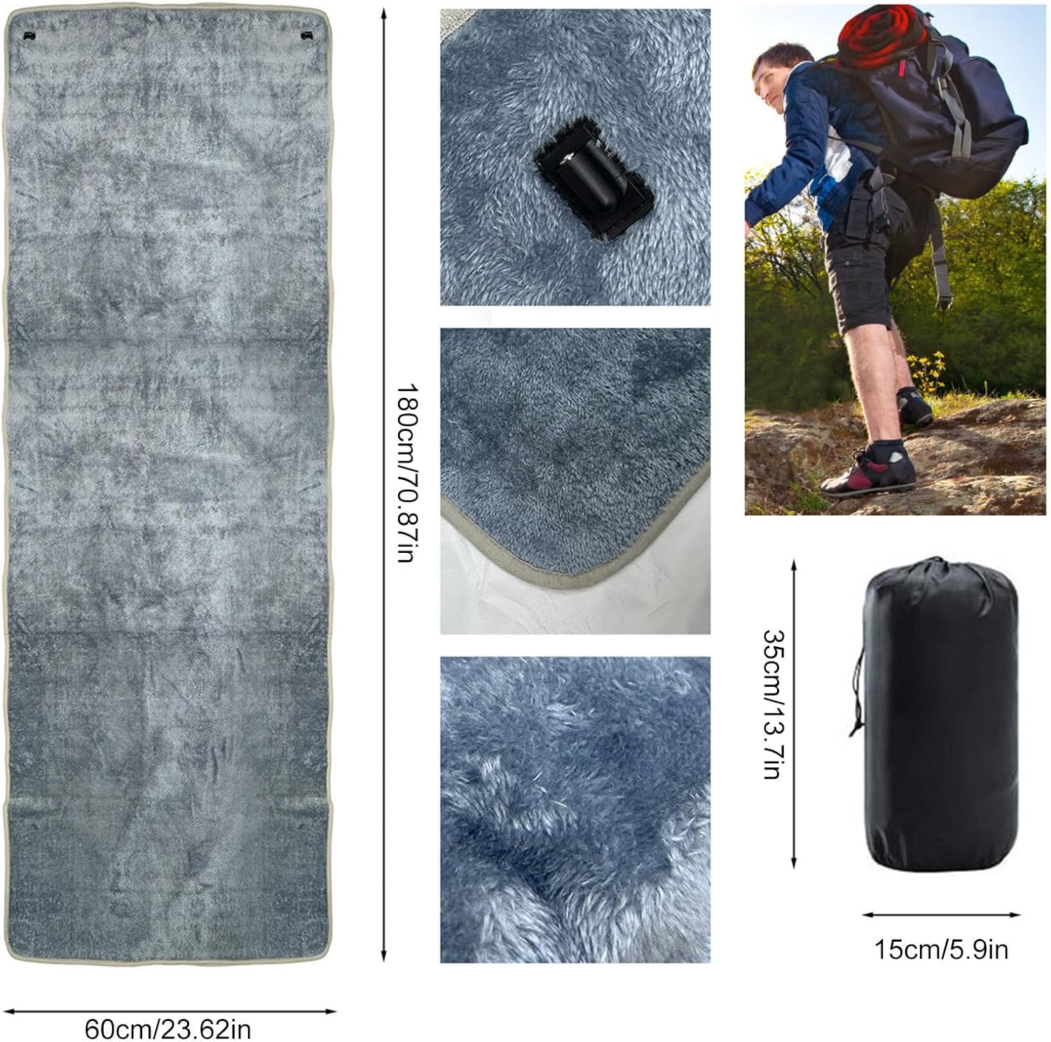 Heated Sleeping Bag Liner, Adjustable Heat, 180x60cm, Camping Heated Blanket, 3 Level Heat Sleeping Bag, Non-Slip Secure, for Camping, Hiking, Or Indoor Relaxation