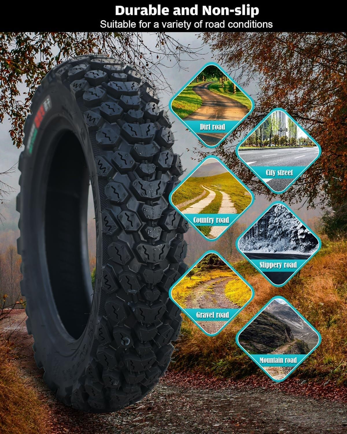 3.50x10 Pneu Moto Tubeless 8PR, 3.50-10 Pneu Tout-Terrain Off Road 58J, 3.50 10 Pneu Haute Adhérence Neige Pluie pour Scooter 10 Pouces Run Flat