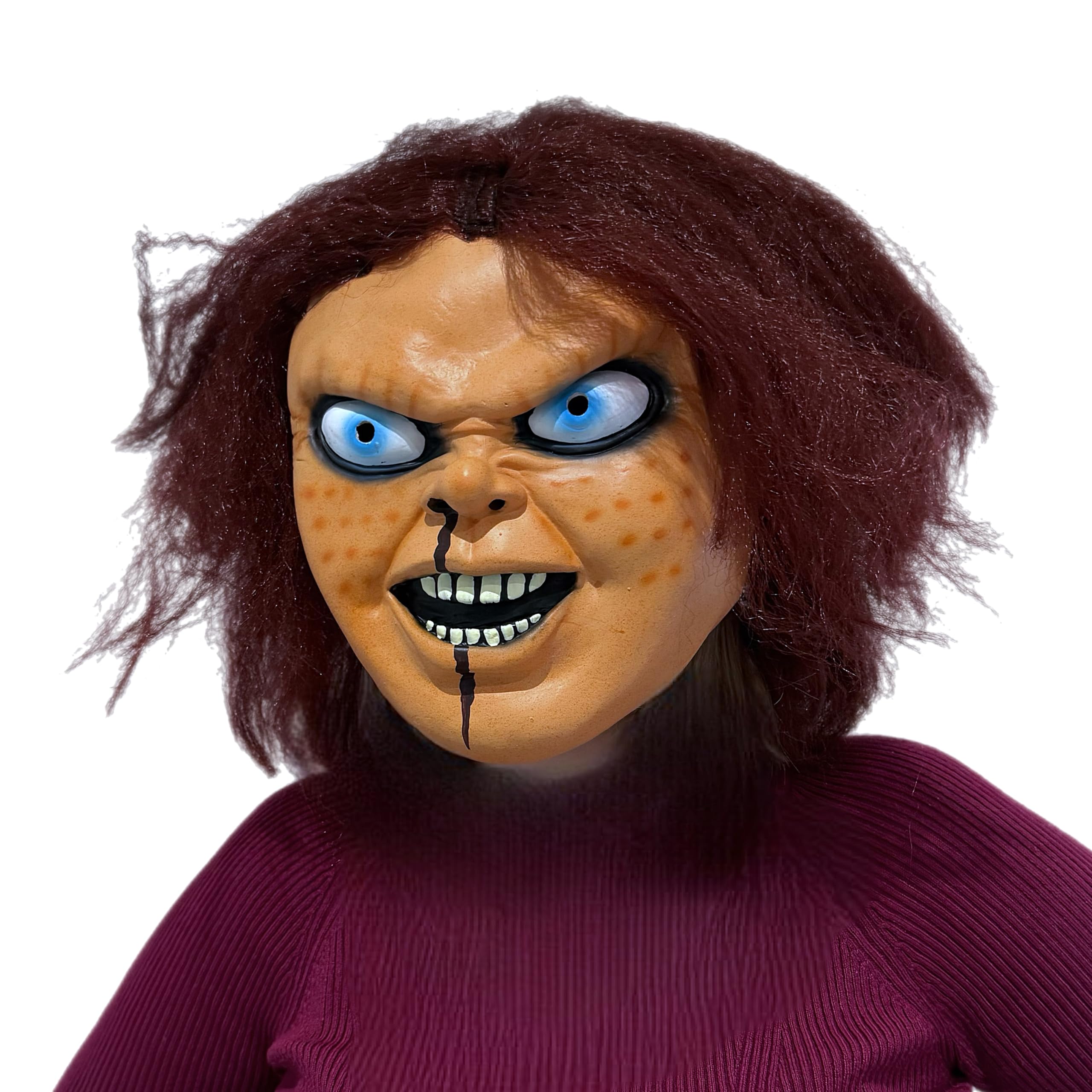 eBoutik - Creepy Halloween Full Head Doll Chuck Mask With Hair - Realistic Movie Scary Creepy Face Costume Prop with Evil Eyes, Adult & Kids Size For Horror Parties