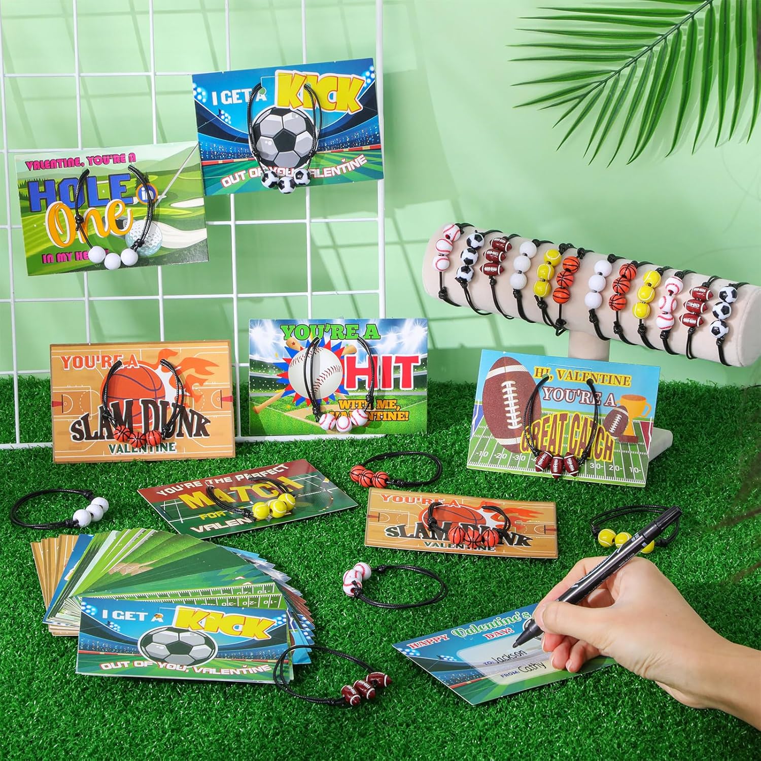48 Pack Valentines Day Sports Party Bracelets Bulk and Valentine Exchange Card for Valentine Party Favor Goodie Bags Stuffers Office Rewards Gift Exchange Prizes Rewards