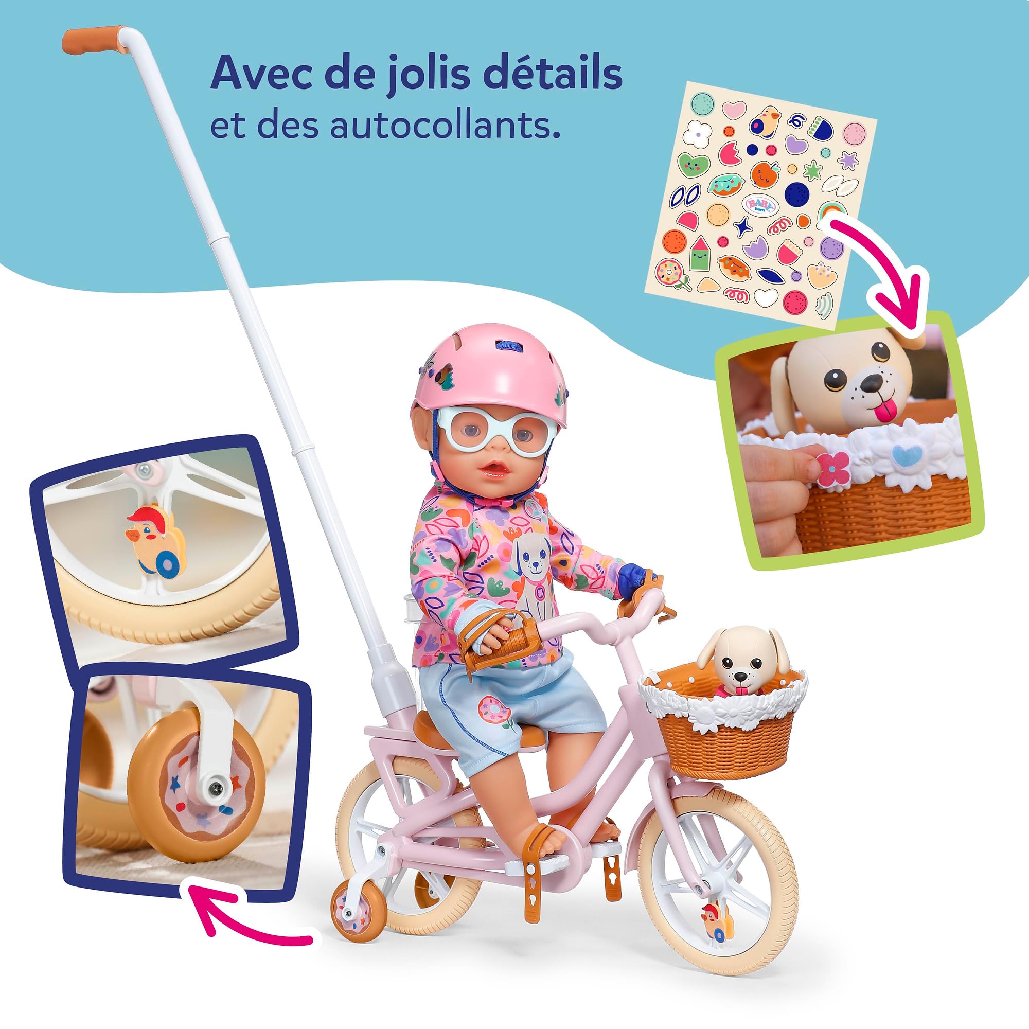 BABY born Vélo avec Lucky, vélo pour poupée avec Panier, Guidon et Autocollants