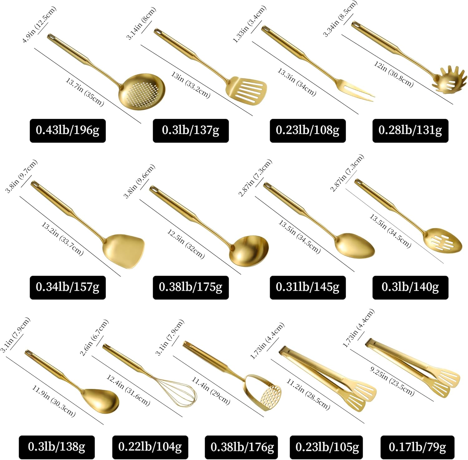 Gold Kitchen Utensils for Cooking 13 PCS Stainless Steel, Solid Slotted Spoon, Fork, Spatula, Ladle, Skimmer, Slotted Tunner, Spaghetti Large Spoon, Meat Fork, Masher, Whisk, Tongs
