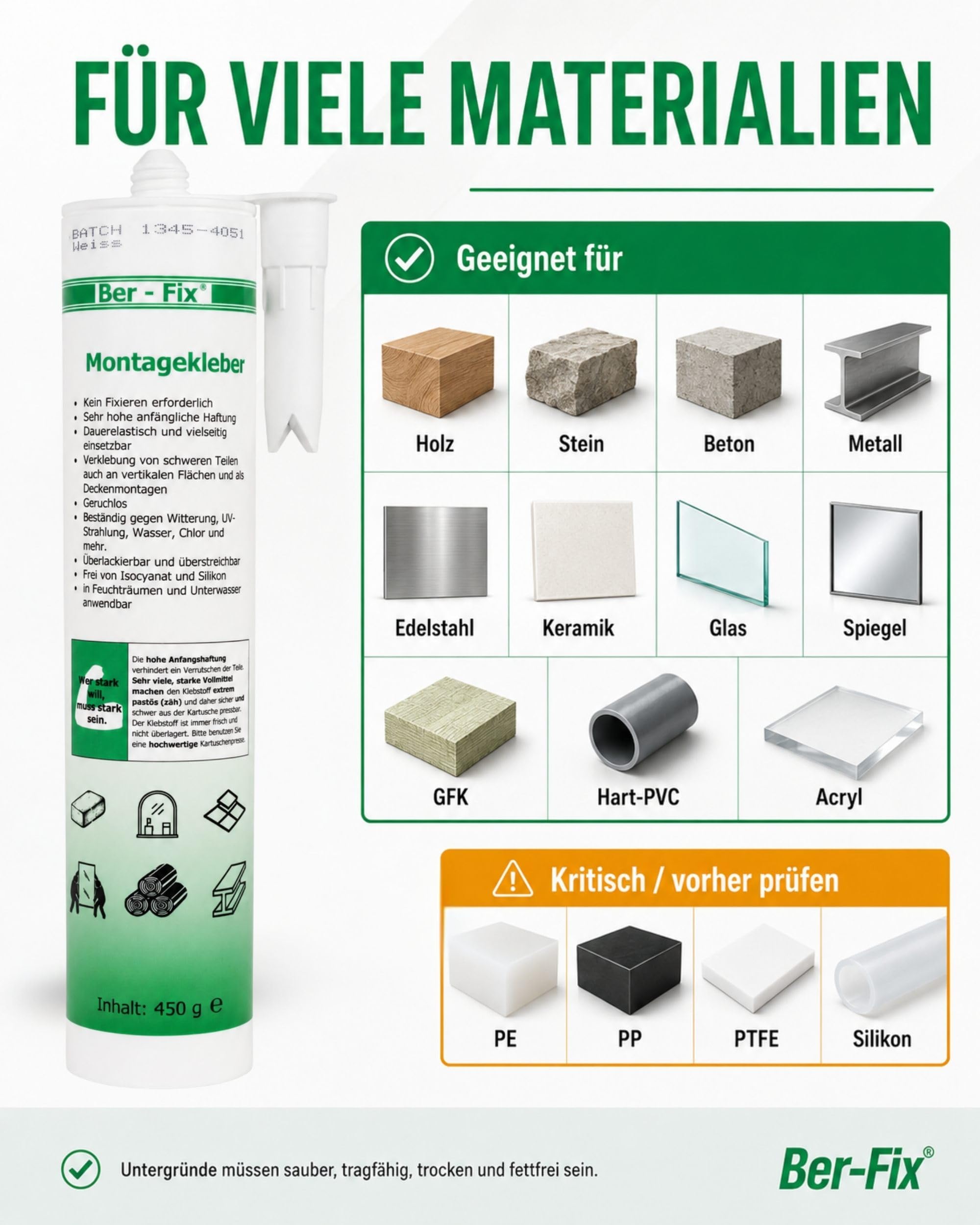 Ber-Fix Montagekleber nur Kleber extra stark weiß 3er Pack | Montagekleber nur Kleber weiß 3er Pack: Montagekleber für Kleben statt Bohren: geeignet für Leisten, Platten