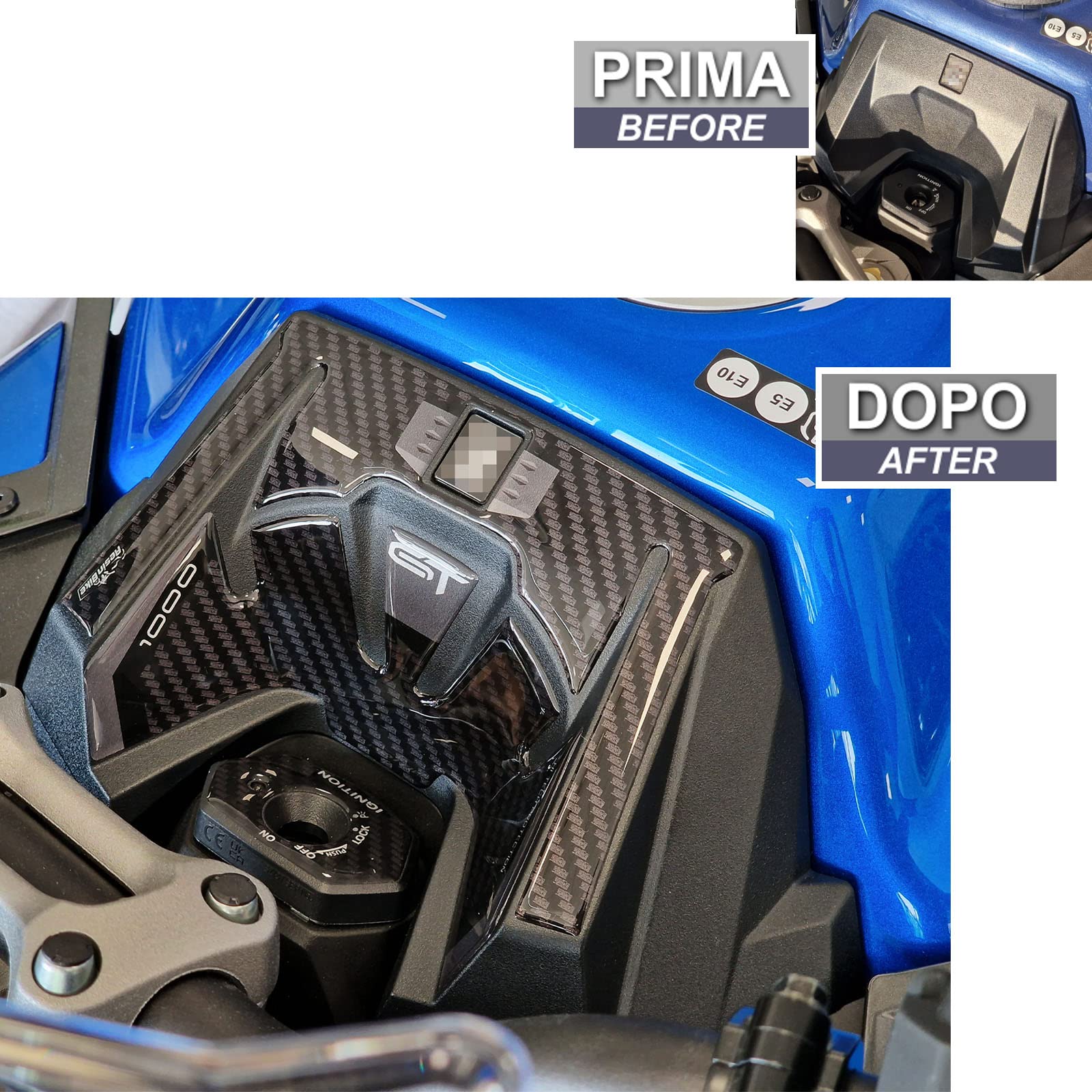 Resin Bike naklejki moto kompatybilne z Suzuki GSX S 1000 GT 2022. Ochrona strefy klucza motocykla przed uderzeniami i zadrapaniami. Naklejka 3D Żywiczna Made in Italy - Efekt karbonu