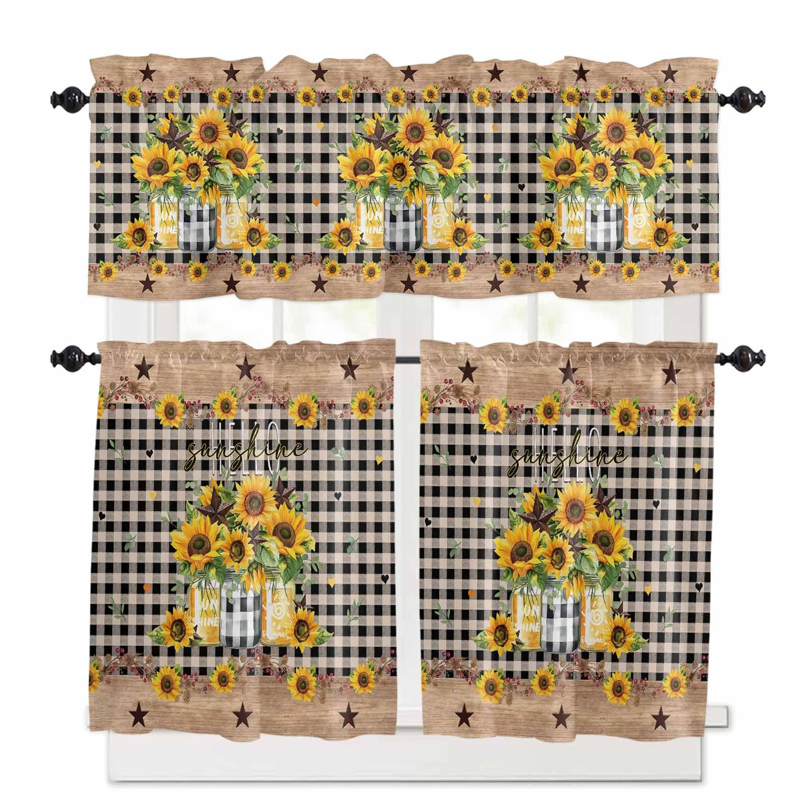 Sunflower Kitchen Curtains 36 Inch Length, 3 Piece Rod Pocket Small Half Tiers and Valance Set, Black White Plaid Farmhouse Stars Small Large Window Treatment Decor for Bedroom/Bathroom Sink