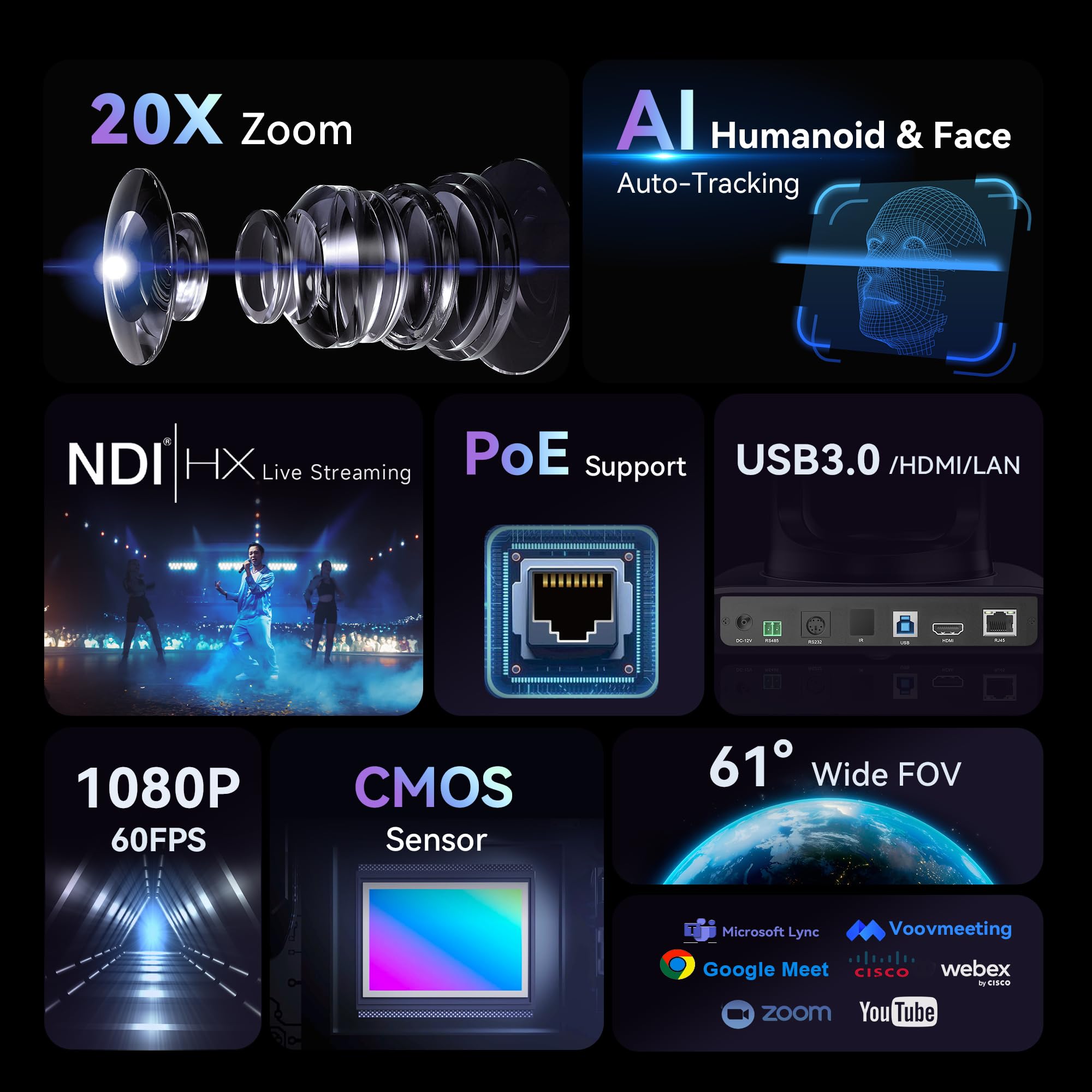 Camera PTZ Tenveo NDI 20x Zoom 1080P Streaming - Dettaglio