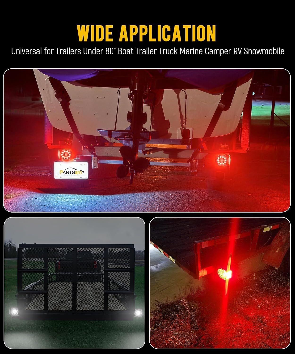 Partsam 12V Submersible Square Led Trailer Lights, Red White LED Stop Turn Tail Reverse Backup License Side Marker Running Light Lamp for Trailers Under 80", Truck, IP68, Black Clear Lens