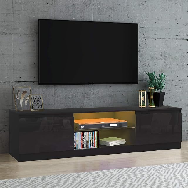 Panana 63inch TV Stand Television Stands TV Console Unit 2 Doors Storage Cabinets With Glass Shelf RGB LED Lighted for TVs up to 65 70 Inches (Black)