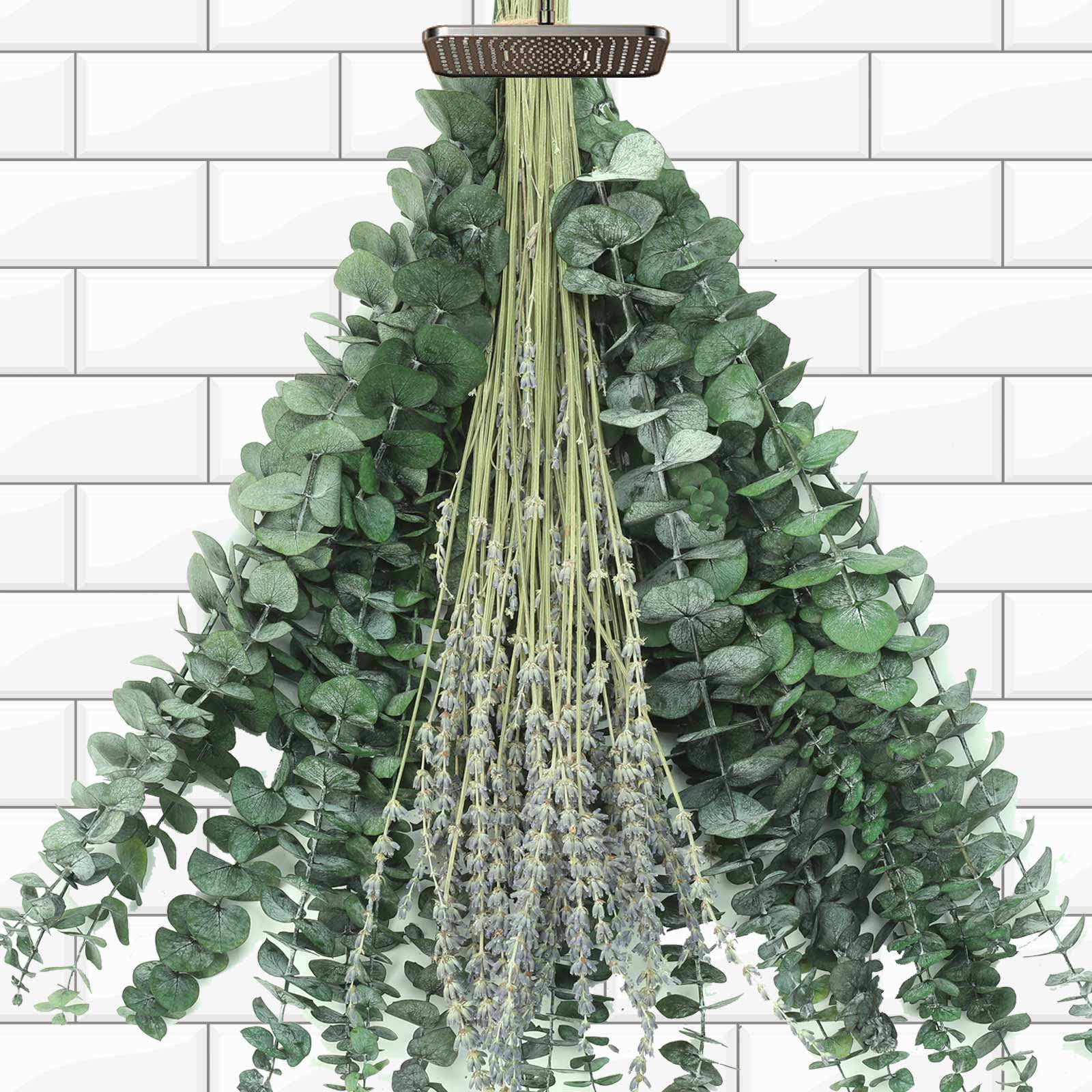Lot de 115 tiges d'eucalyptus séchées avec fleurs de lavande pour douche, 43,2 cm, branches de lavande naturelles vivantes à suspendre pour spa, maison, salle de bain, décoration de table