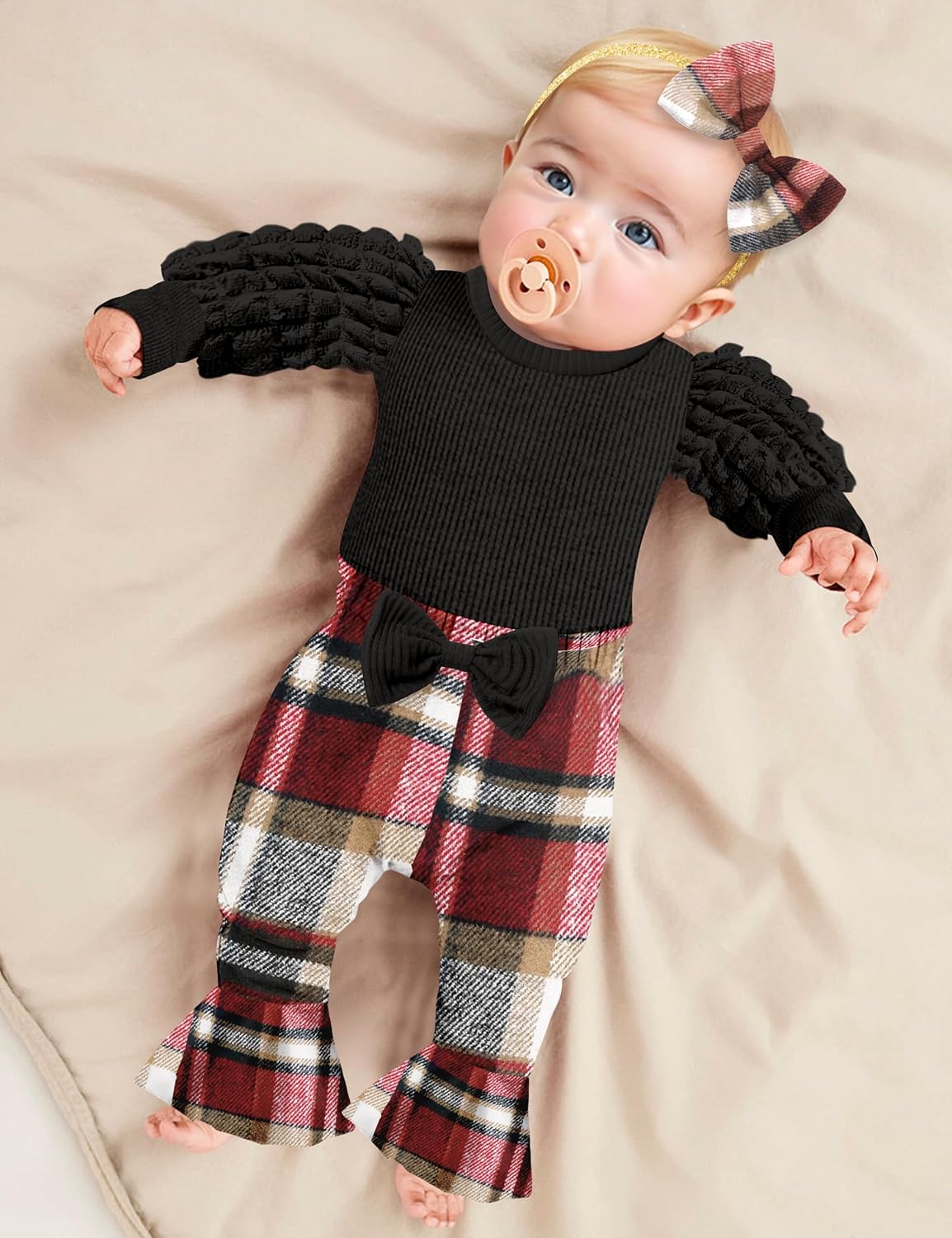 NAPU Baby Girl Clothes Long Sleeve Romper 3Pcs Baby Girl Outfits Flare Pants Set with Headband Fall Baby Girl Winter Clothes image 2